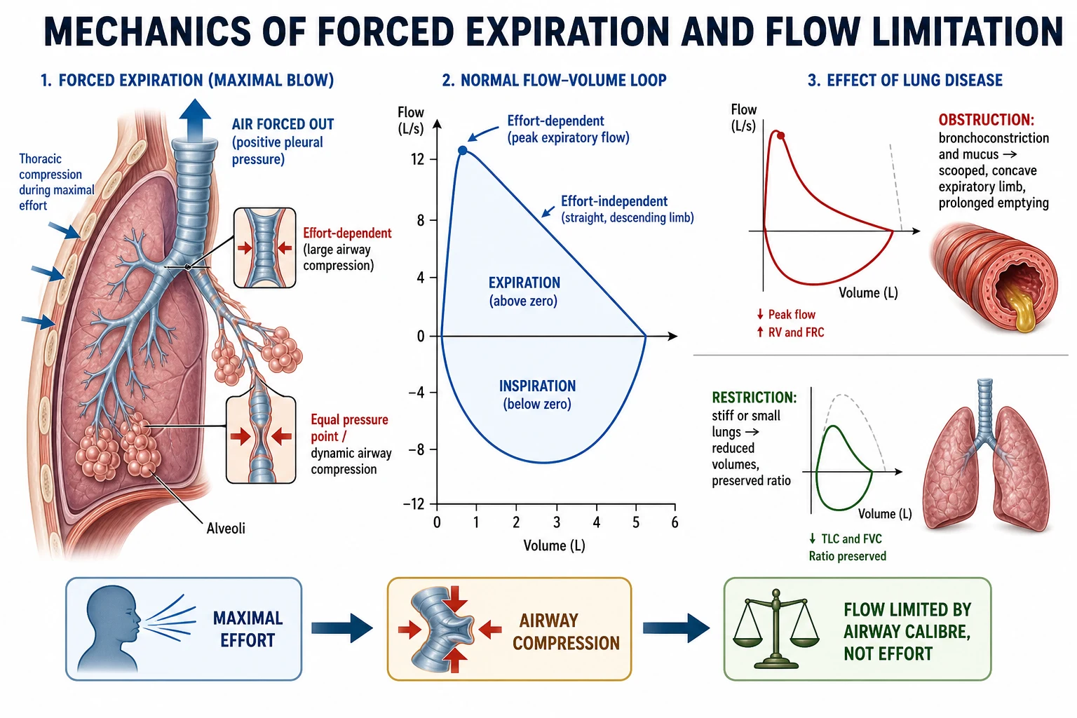 Mechanics of forced expiration showing a lung cutaway with airway compression at the equal pressure point, a flow-volume loop whose early peak is labelled effort-dependent peak expiratory flow and whose straight descending limb is labelled effort-independent, and two contrasting loops in which obstruction from bronchoconstriction and mucus scoops the expiratory limb while restriction from stiff or small lungs shrinks the volumes with a preserved ratio