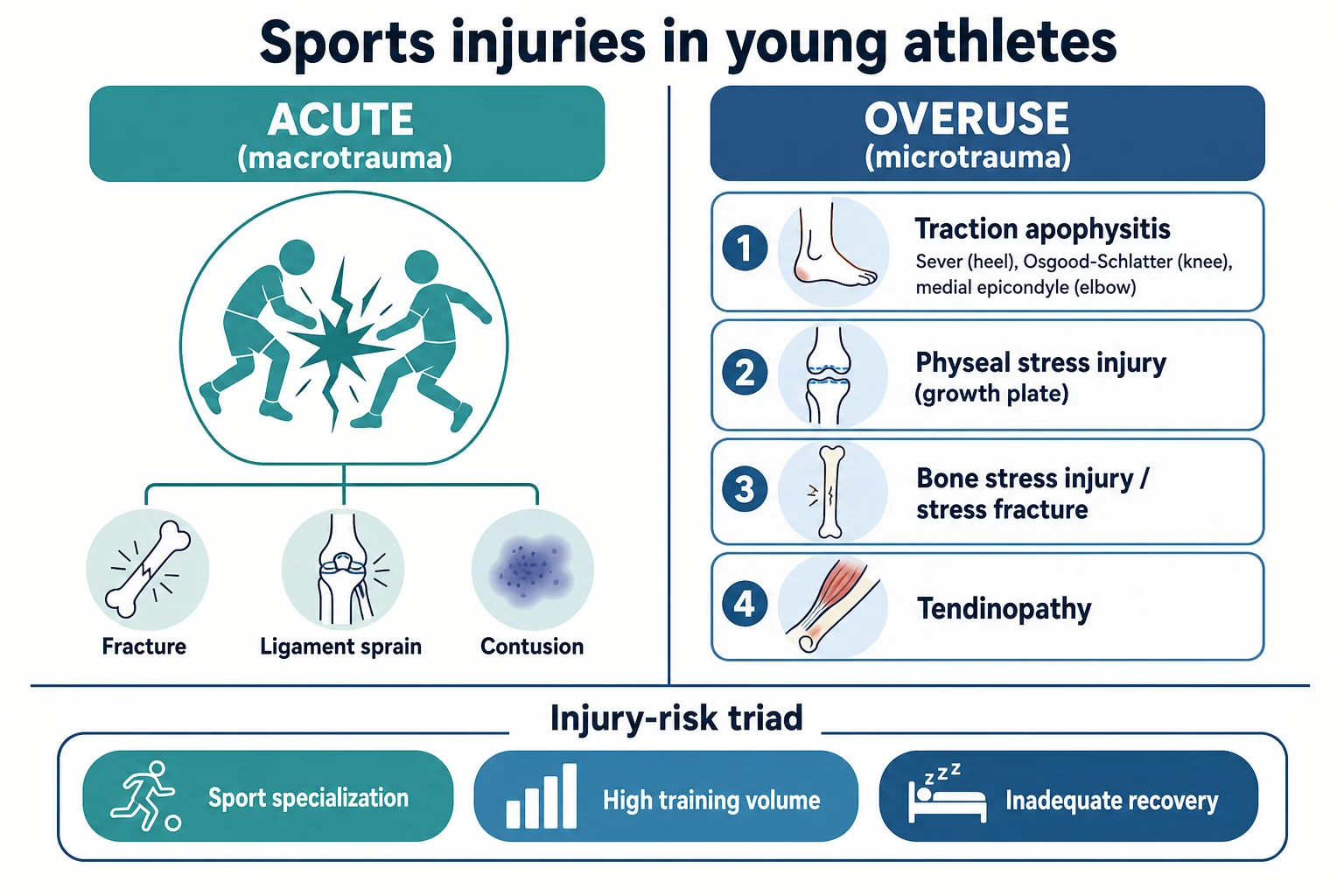 A clean labelled schematic titled Sports injuries in young athletes. A horizontal divider splits the image in two. The left side labelled ACUTE macrotrauma shows an impact icon with sub-labels fracture, ligament sprain, contusion. The right side labelled OVERUSE microtrauma shows four stacked rounded cards: 1 Traction apophysitis with sub-label Sever heel, Osgood-Schlatter knee, medial epicondyle elbow; 2 Physeal stress injury growth plate; 3 Bone stress injury or stress fracture; 4 Tendinopathy. A bottom bar labelled Injury-risk triad has three pills: Sport specialization, High training volume, Inadequate recovery.
