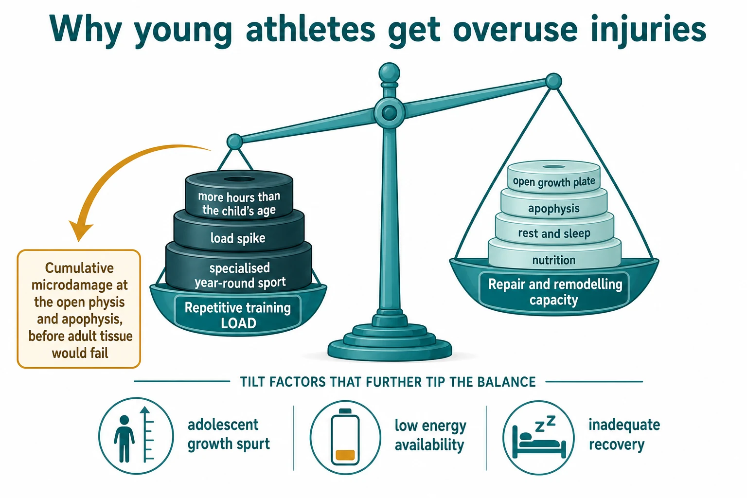 A labelled balance-scale schematic titled Why young athletes get overuse injuries. The left pan labelled Repetitive training LOAD is heavier and lower, weighted by discs reading more hours than the child's age, load spike, and specialised year-round sport. The right pan labelled Repair and remodelling capacity is lighter and higher, with discs reading open growth plate, apophysis, rest and sleep, and nutrition. An amber arrow points from the heavy pan to a callout reading cumulative microdamage at the open physis and apophysis before adult tissue would fail. Three tilt-factor icons at the bottom read adolescent growth spurt, low energy availability, and inadequate recovery.