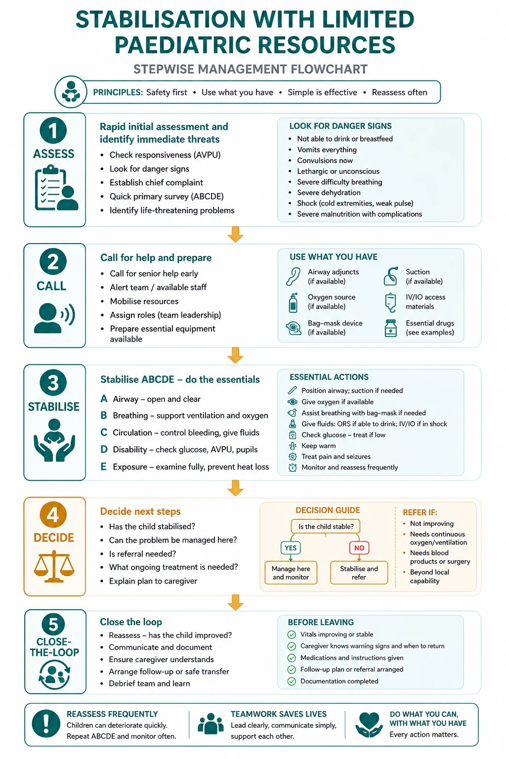 Stepwise management algorithm for stabilisation with limited paediatric resources from assessment through escalation and closed-loop handover.