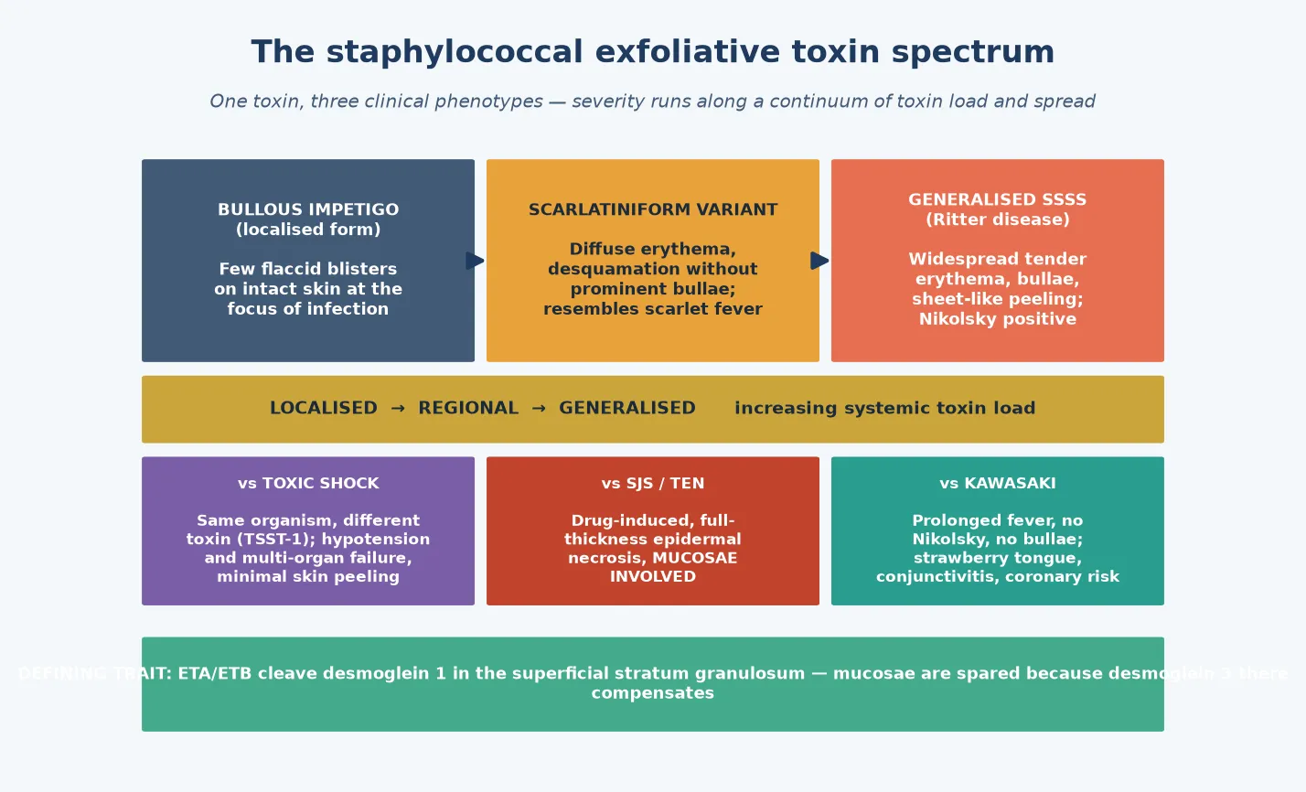 The staphylococcal exfoliative toxin spectrum showing bullous impetigo, the scarlatiniform variant, and generalised SSSS or Ritter disease along a continuum of increasing toxin load, alongside comparisons with toxic shock, SJS and TEN, and Kawasaki disease.