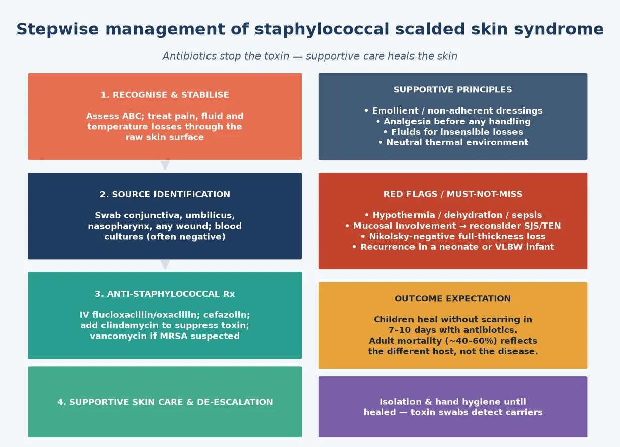 Stepwise management pathway for staphylococcal scalded skin syndrome showing recognition and stabilisation, source identification with focus swabs, anti-staphylococcal antibiotics with clindamycin for toxin suppression, and supportive skin care with de-escalation.