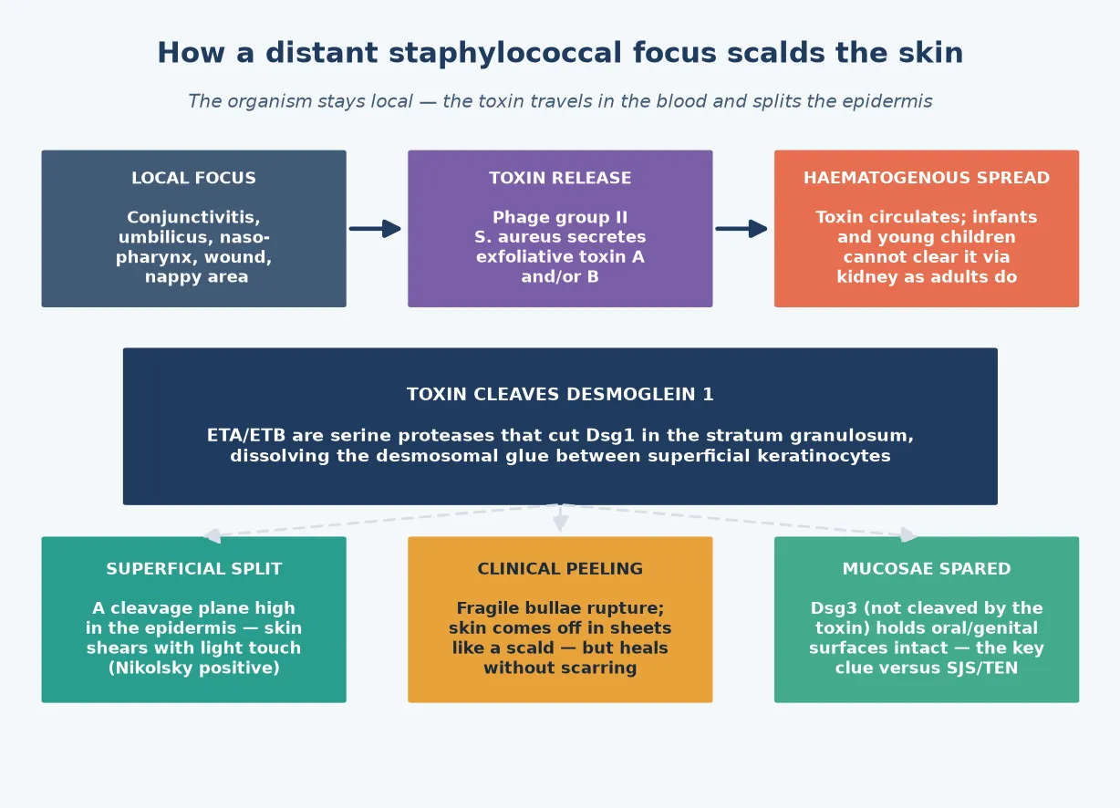 Pathophysiology cascade of SSSS from a local staphylococcal focus through toxin release and haematogenous spread to desmoglein 1 cleavage, superficial epidermal split, sheet-like peeling, and mucosal sparing.