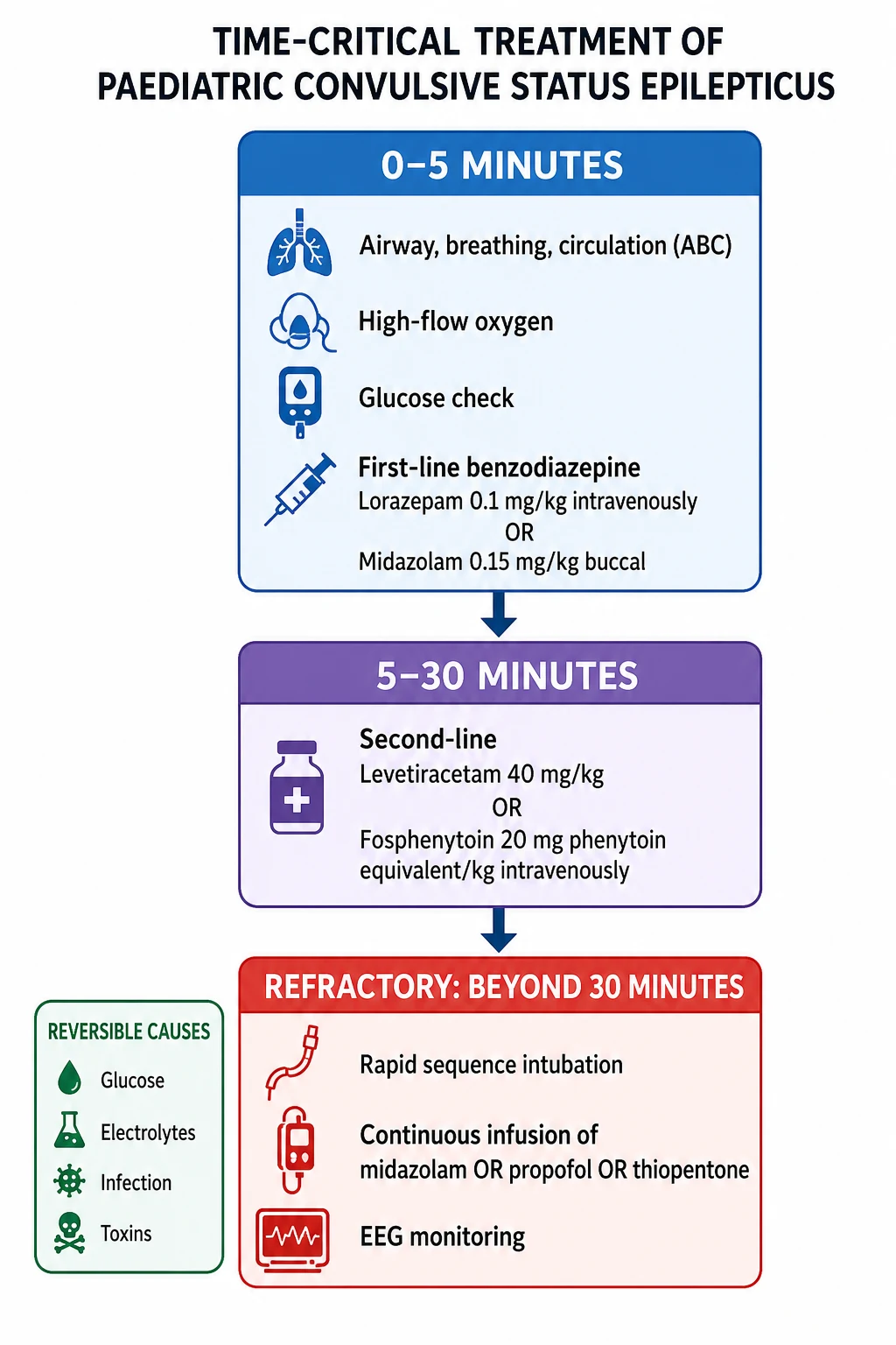 A clean medical-education management flowchart on a white background showing the stepwise treatment of paediatric convulsive status epilepticus as a vertical cascade. The first blue box labelled zero to five minutes lists airway breathing circulation, high-flow oxygen, glucose check, and first-line benzodiazepine with lorazepam 0.1 mg per kg intravenously or buccal midazolam 0.15 mg per kg. The second purple box labelled five to thirty minutes lists second-line levetiracetam 40 mg per kg or fosphenytoin 20 mg phenytoin-equivalent per kg intravenously. The third red box labelled refractory beyond thirty minutes lists rapid sequence intubation, continuous infusion of midazolam, propofol, or thiopentone, and EEG monitoring. A sidebar lists reversible causes as glucose, electrolytes, infection, and toxins.