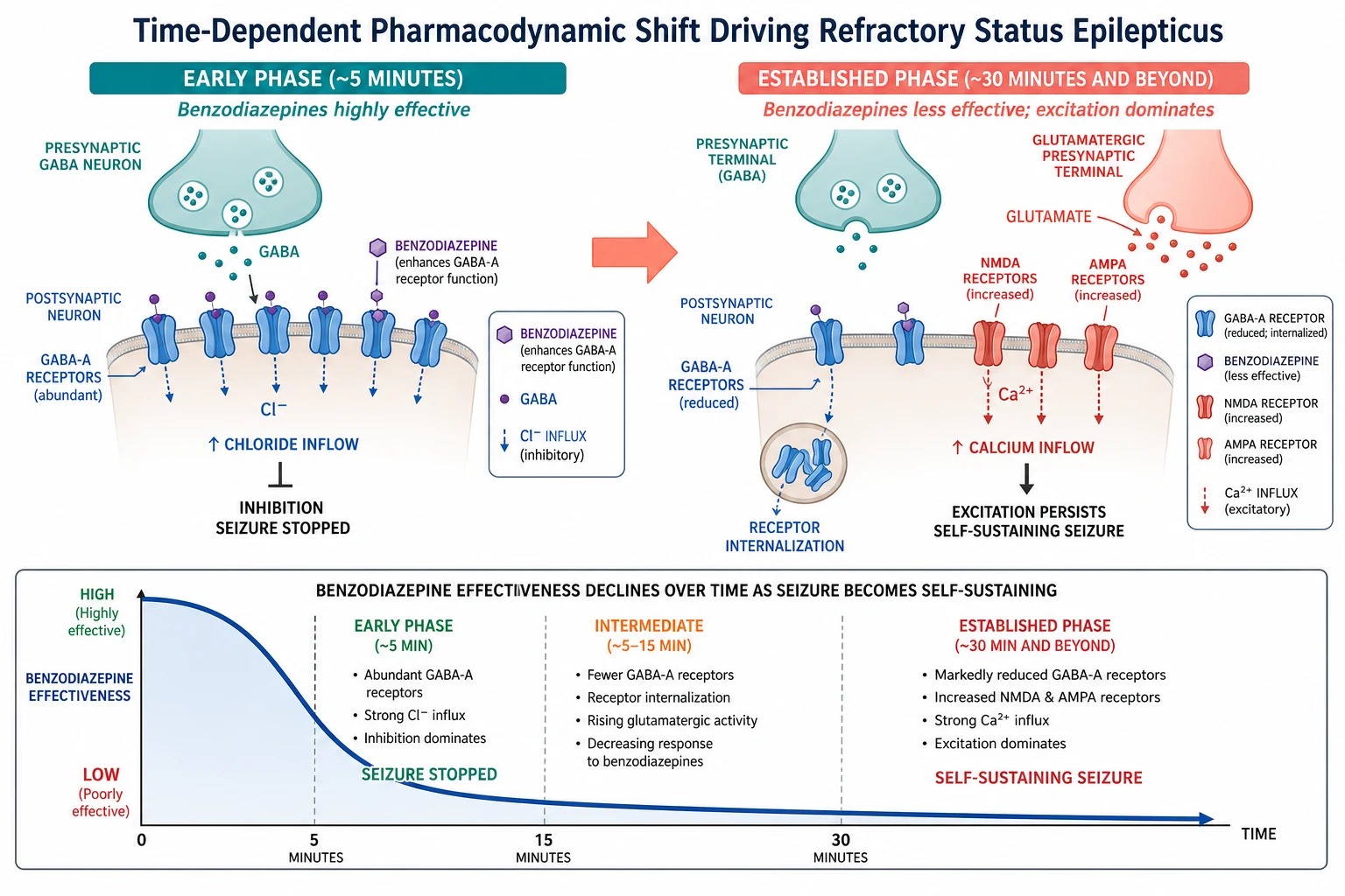 A scientific causal schematic on a white background showing the time-dependent pharmacodynamic shift in status epilepticus. The left panel shows the early phase with a presynaptic GABA neuron releasing GABA onto abundant surface GABA-A receptors, with a benzodiazepine molecule enhancing chloride inflow to inhibit the neuron and stop the seizure. A coral arrow leads to the right panel showing the established phase, where the GABA-A receptors have internalized so fewer remain on the surface and the benzodiazepine becomes less effective, while NMDA and AMPA glutamate receptors have trafficked to the surface and increase calcium inflow to sustain excitation. A horizontal curve below shows benzodiazepine effectiveness falling steeply from high at five minutes to low at thirty minutes as the seizure becomes self-sustaining.