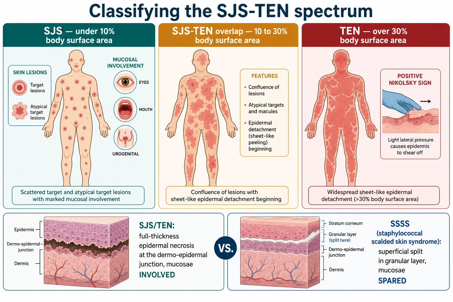 Three-panel schematic of the SJS-TEN spectrum by body-surface-area detachment: SJS under 10 percent with target lesions and mucosal involvement, SJS-TEN overlap 10 to 30 percent with confluence and sheet-like peeling, and TEN over 30 percent with widespread detachment and a positive Nikolsky sign; a bottom row contrasts the full-thickness epidermal necrosis at the dermo-epidermal junction with involved mucosae in SJS/TEN against the superficial granular-layer split with spared mucosae in staphylococcal scalded skin syndrome