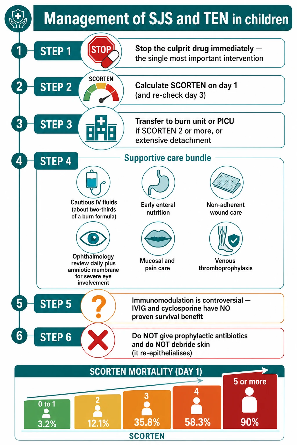 Stepwise management pathway for SJS and TEN: step one stop the culprit drug immediately, step two calculate SCORTEN on day one and re-check day three, step three transfer to burn unit or PICU if SCORTEN is two or more or detachment is extensive, step four a supportive care bundle of cautious fluids at about two-thirds of a burn formula, early enteral nutrition, non-adherent wound care, daily ophthalmology review with amniotic membrane for severe eye involvement, mucosal and pain care, and venous thromboprophylaxis, step five immunomodulation with IVIG or cyclosporine is controversial with no proven survival benefit, step six do not give prophylactic antibiotics and do not debride skin; a bottom SCORTEN mortality ladder rises from 3.2 percent at 0 to 1, to 12.1 at 2, 35.8 at 3, 58.3 at 4 and 90 percent at 5 or more