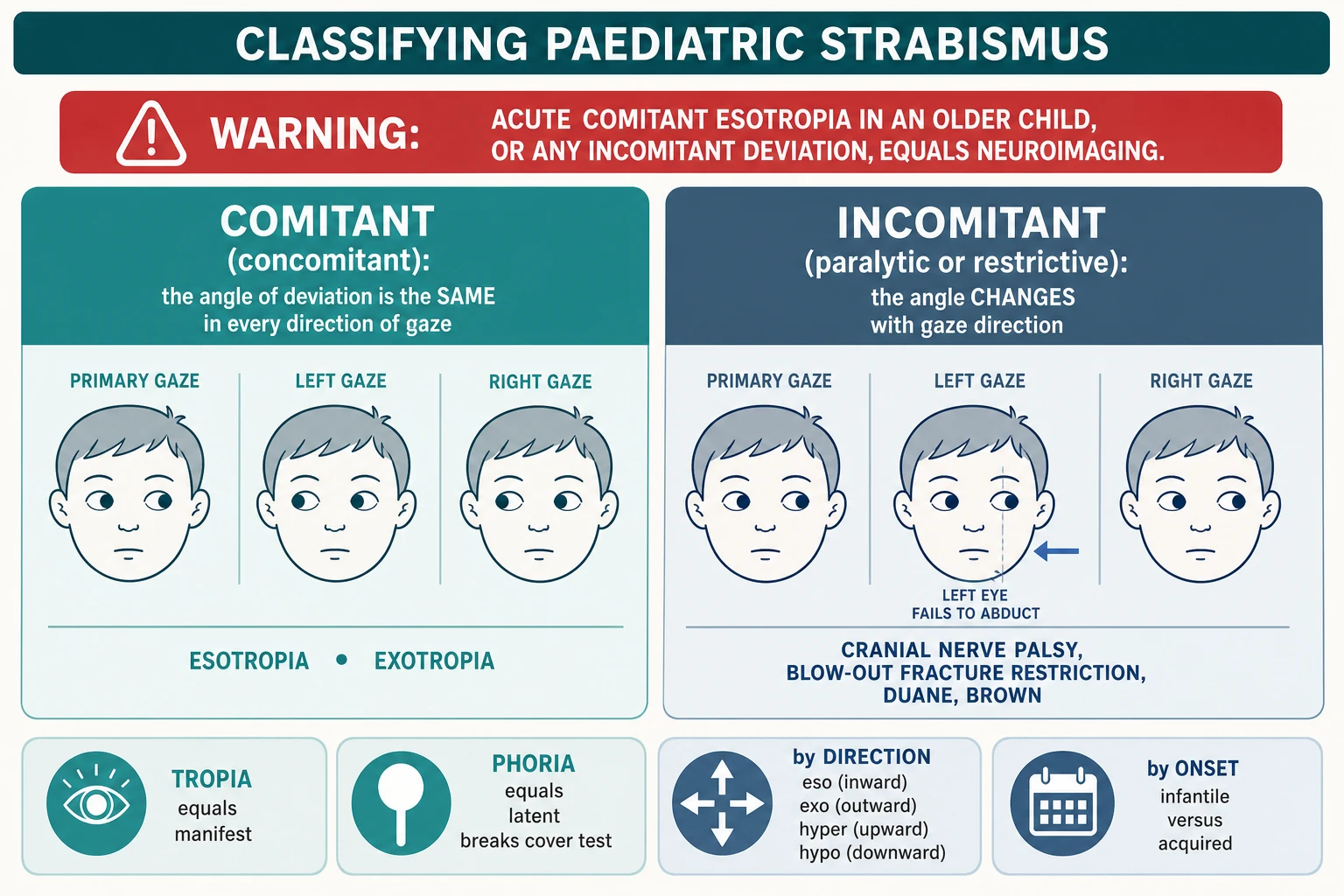 A landscape teaching schematic titled Classifying Paediatric Strabismus, with a top red warning gate bar reading that acute comitant esotropia in an older child or any incomitant deviation equals neuroimaging; two columns below contrast a comitant deviation in which the angle is the same in every gaze direction against an incomitant deviation in which the angle changes with gaze, with examples of cranial nerve palsy, orbital fracture restriction, Duane and Brown; a footer band of four chips distinguishes tropia as manifest from phoria as latent, then groups deviations by direction and by onset