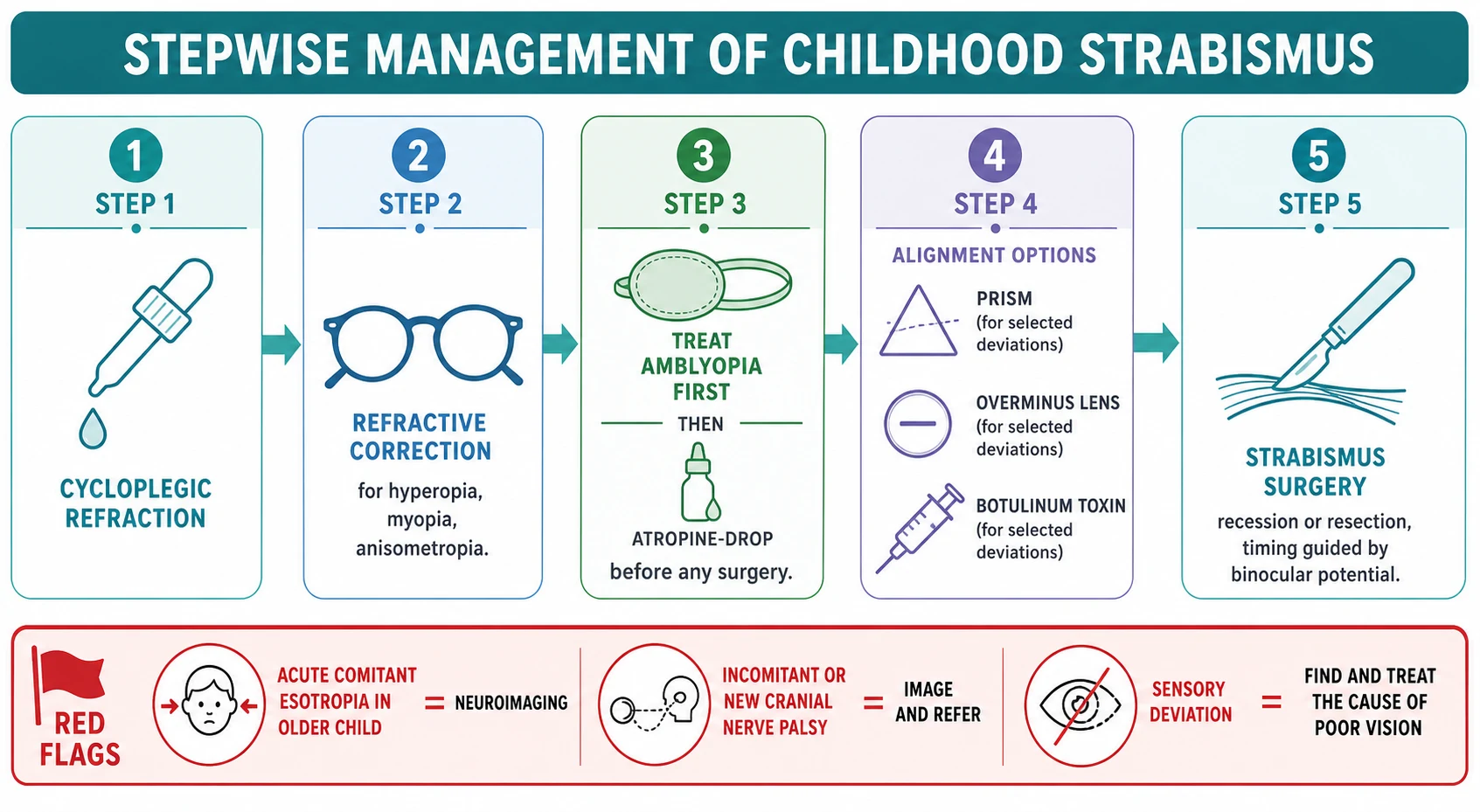 A landscape schematic titled Stepwise Management of Childhood Strabismus showing a five-column left-to-right pathway: step one cycloplegic refraction with a dropper icon; step two refractive correction with a glasses icon for hyperopia, myopia and anisometropia; step three treat amblyopia first with an eye-patch then an atropine-drop icon before any surgery; step four alignment options with prism, overminus-lens and botulinum-toxin icons for selected deviations; step five strabismus surgery with a recession or resection icon timed to binocular potential; a red-flag footer band covers acute comitant esotropia in the older child equalling neuroimaging, incomitant or new cranial nerve palsy equalling imaging and referral, and sensory deviation equating to finding and treating the cause of poor vision
