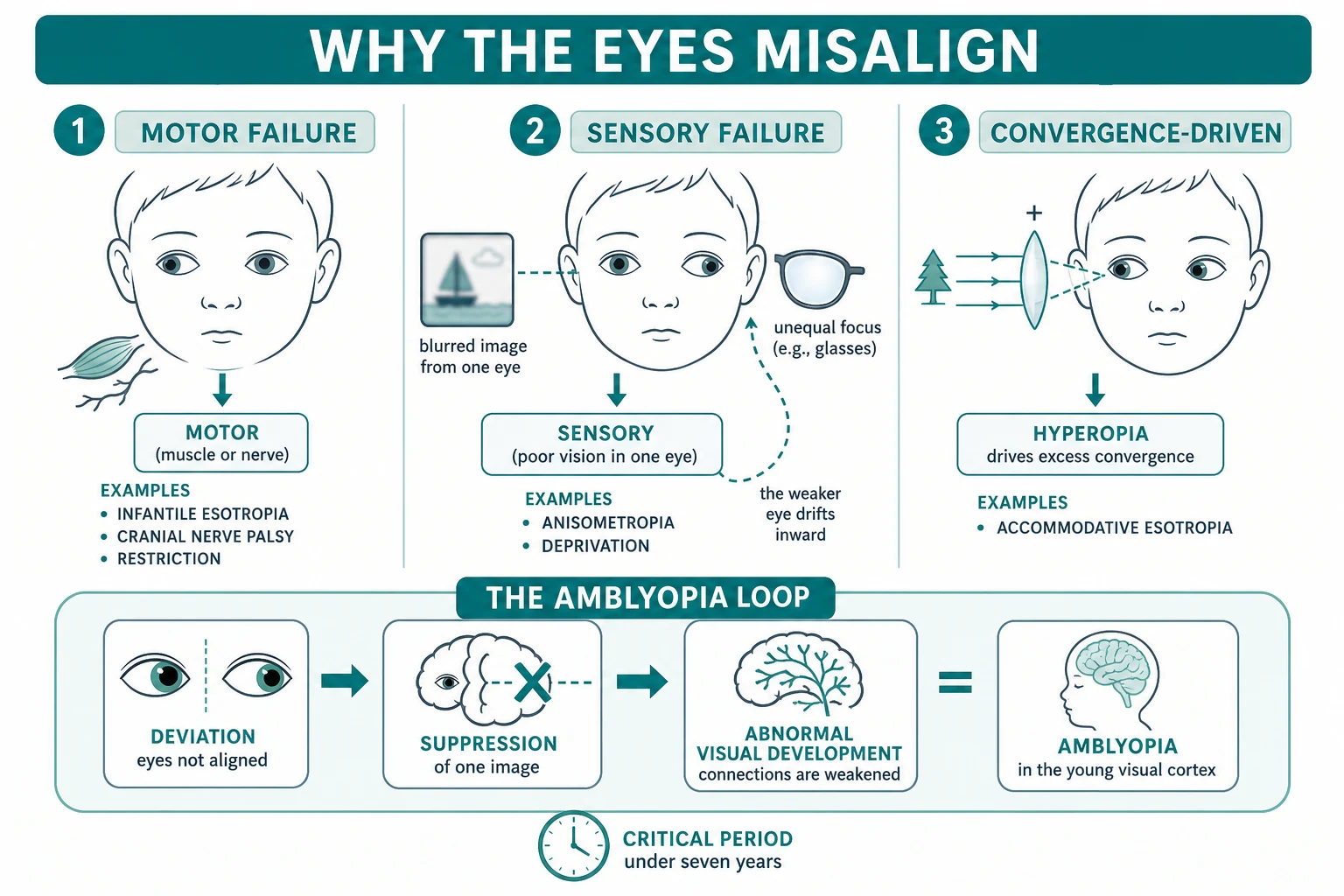 A landscape schematic titled Why the Eyes Misalign with three left-to-right lanes: a motor failure lane of muscle or nerve causes such as infantile esotropia, cranial nerve palsy and restriction; a sensory failure lane in which a blurred image from one eye with poor vision causes the weaker eye to drift, with anisometropia and deprivation as examples; and a convergence-driven lane in which hyperopia drives excess convergence to cause accommodative esotropia; beneath, an amblyopia loop ribbon shows deviation leading to suppression of one image leading to abnormal visual development equalling amblyopia, with a critical-period clock noting under seven years