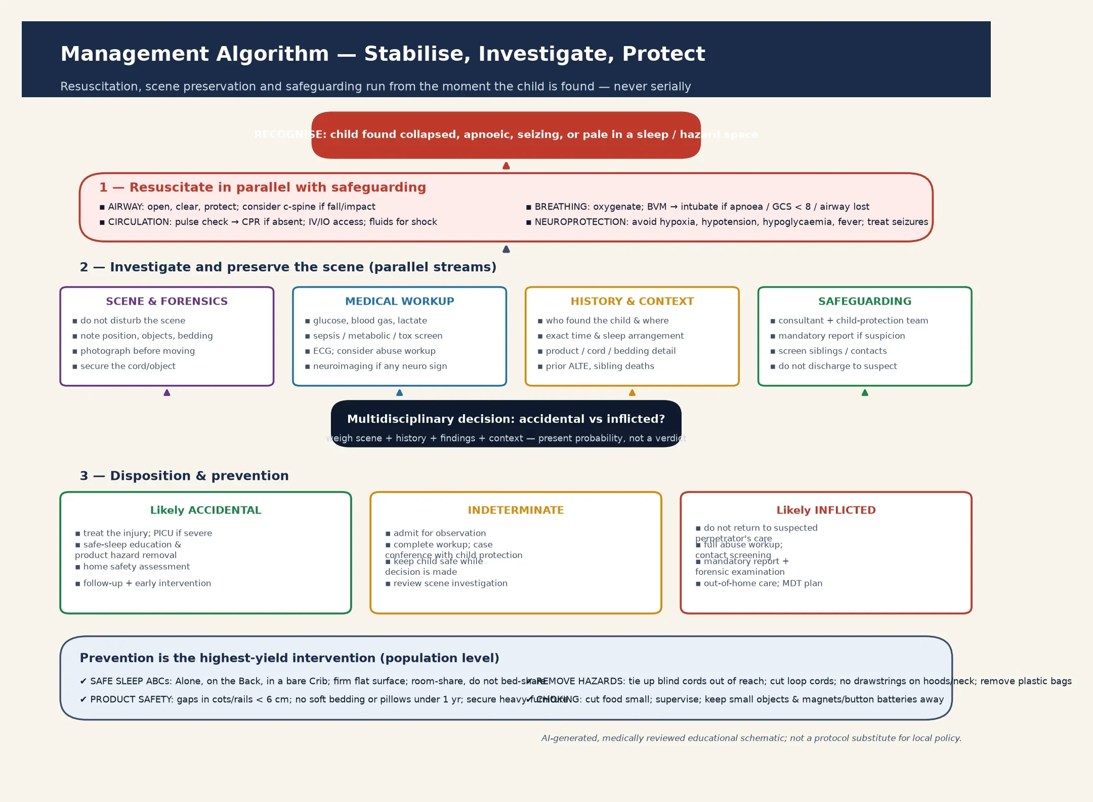 Educational management algorithm for strangulation, suffocation and asphyxial injury from recognition and parallel resuscitation-with-safeguarding through scene preservation, parallel investigation streams, the multidisciplinary accidental-versus-inflicted decision, disposition branches and a prevention panel of safe-sleep ABCs and product-hazard removal