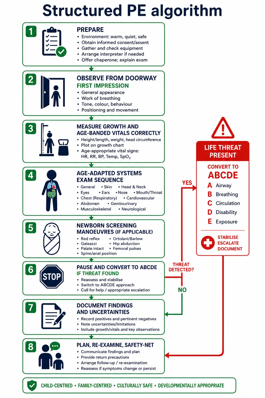 Educational flowchart of stepwise structured paediatric physical examination from preparation through observation, measurement, systems exam, threat branch and documentation