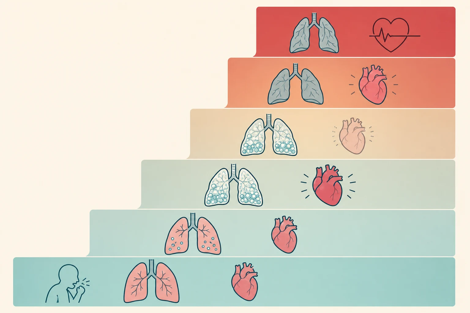 Educational severity ladder showing the six Szpilman drowning grades from cough with normal lungs through pulmonary oedema with and without hypotension to respiratory arrest and cardiopulmonary arrest, each with its rising mortality