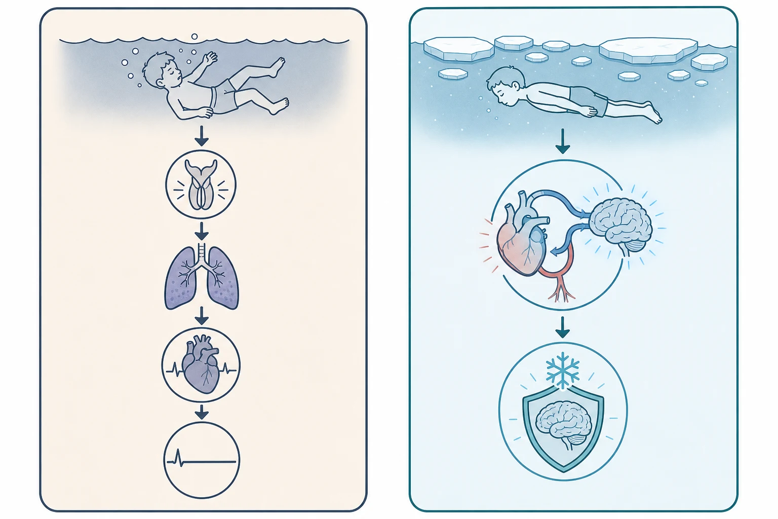 Educational schematic contrasting the asphyxial pathway from submersion through laryngospasm or aspiration, hypoxia and bradycardia to arrest against the cold-water protective pathway of the diving response lowering cerebral metabolic demand