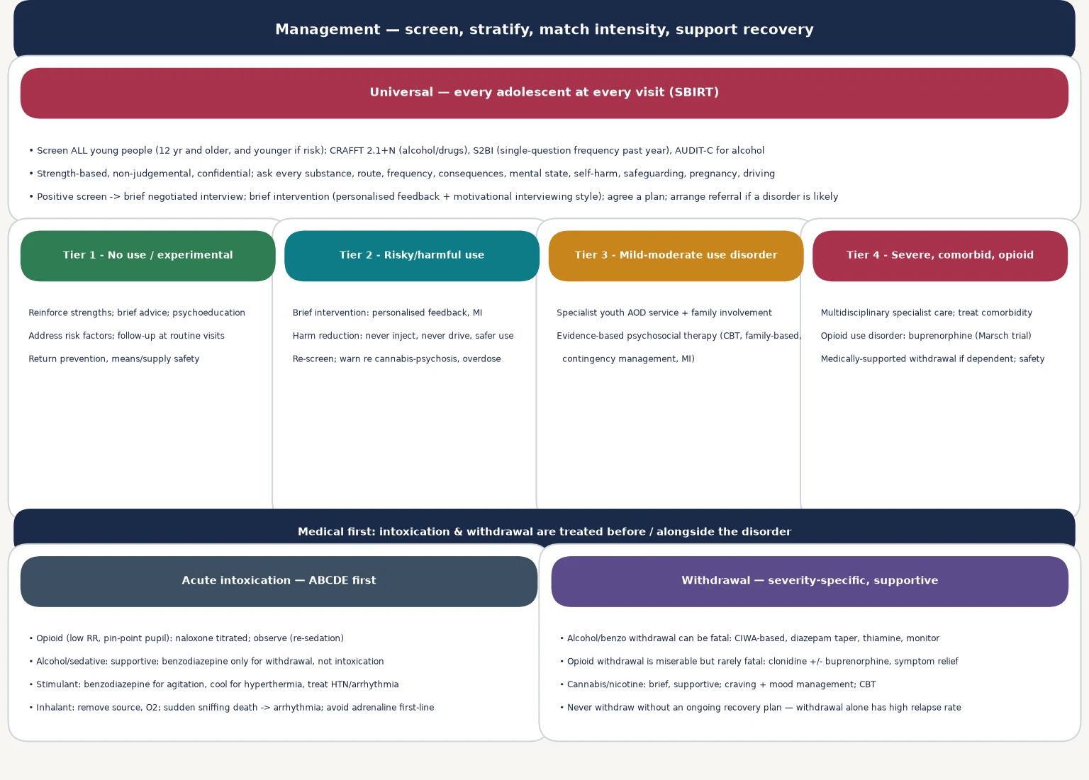 Educational stepped-care management algorithm for youth substance use from universal SBIRT screening through four tiers of escalating intensity, with medical-first strips for acute intoxication and withdrawal