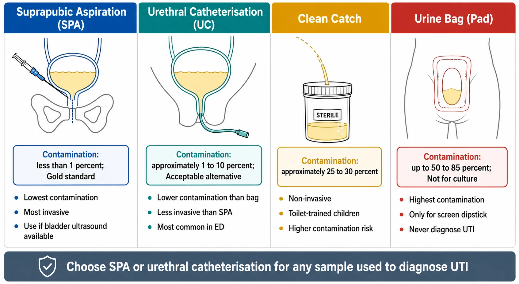 A medical-education comparison infographic on a white background showing four vertical columns for the paediatric urine collection methods. A blue column titled Suprapubic Aspiration shows a needle and bladder icon and a stat box reading contamination less than 1 percent gold standard. A teal column titled Urethral Catheterisation shows a catheter icon and a stat box reading contamination 1 to 10 percent acceptable alternative. An amber column titled Clean Catch shows a urine stream into a pot and a stat box reading contamination 25 to 30 percent. A red column titled Urine Bag shows a collection bag icon and a stat box reading contamination up to 50 to 85 percent never for culture. A bottom banner reads choose SPA or urethral catheterisation for any sample used to diagnose UTI.