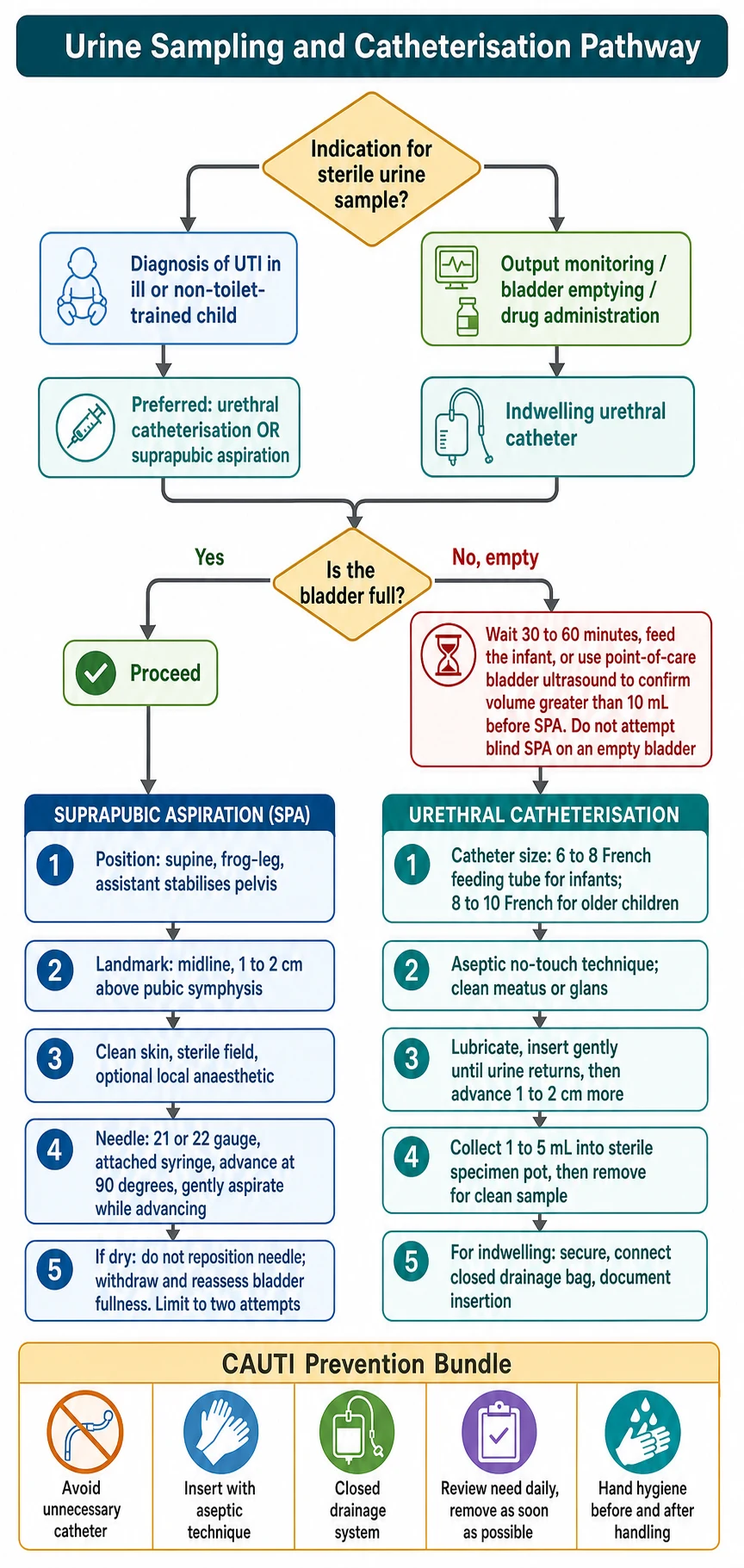 A medical-education procedural flowchart on a white background for the urine sampling and catheterisation pathway. A top decision diamond asks the indication and branches into the diagnostic lane for the catheterisation or aspiration and the therapeutic lane for the indwelling catheter. A second diamond asks if the bladder is full with a yes to proceed and a no to wait, feed, or use the bladder ultrasound. A left SPA lane has five numbered steps from positioning to the two-attempt limit. A right catheter lane has five numbered steps from the size selection to the closed drainage. A bottom amber banner shows the CAUTI prevention bundle of avoidance, asepsis, closed drainage, daily review, and prompt removal.
