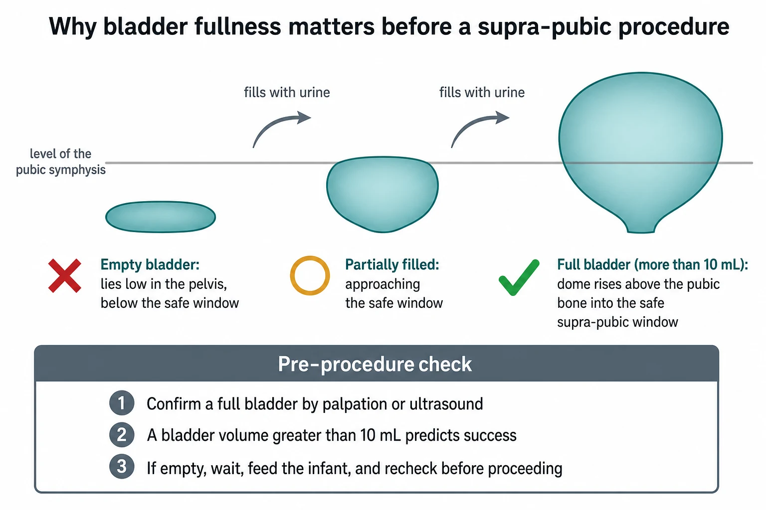 A medical-education sagittal cross-section schematic on a white background of an infant pelvis for suprapubic aspiration. The full bladder is a large teal rounded organ rising above the pubic symphysis, the urethra exits downward, the rectum is behind in soft pink. Three numbered red circles mark the pubic symphysis, the entry point at midline 1 to 2 cm above the pubic symphysis, and the bladder dome. A dark blue needle enters vertically at the entry point angled toward the bladder lumen. A green checkmark and warning text reads empty bladder equals failure and bowel injury risk.