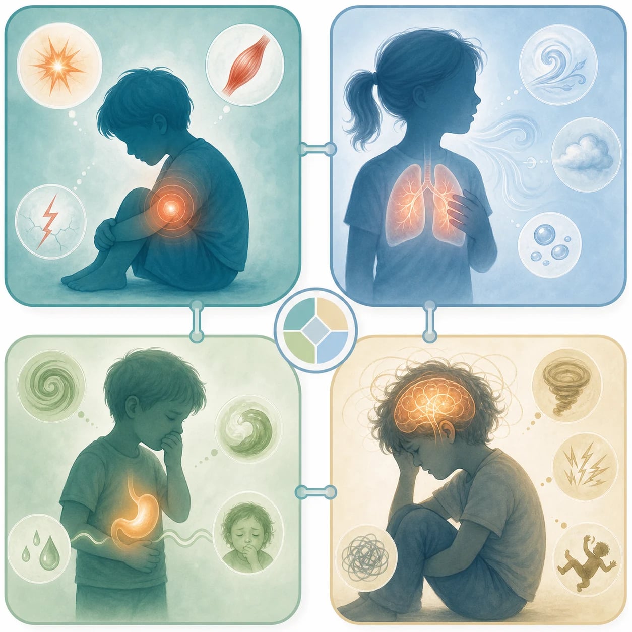Four-quadrant infographic showing the four highest-burden distressing symptoms in serious paediatric illness — pain, breathlessness, nausea, and agitation — assessed together at every encounter