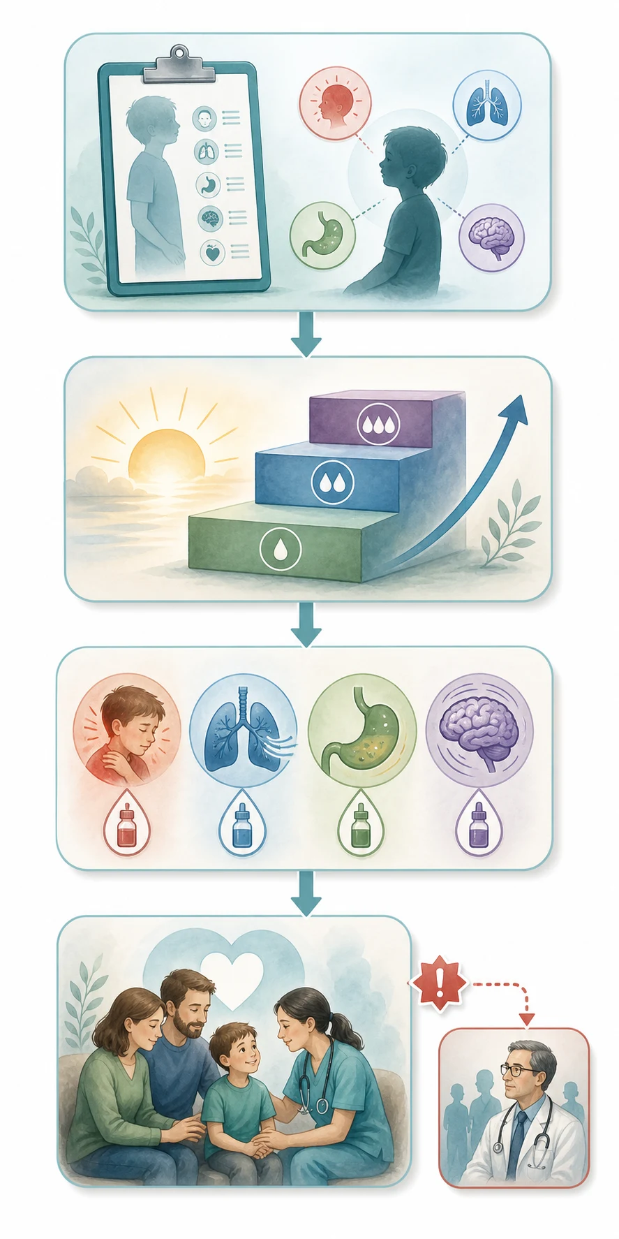Stepwise management flowchart — assess each symptom, climb the WHO two-step ladder, match a drug to each symptom pathway, review with the family, and escalate to specialist input or palliative sedation for refractory symptoms