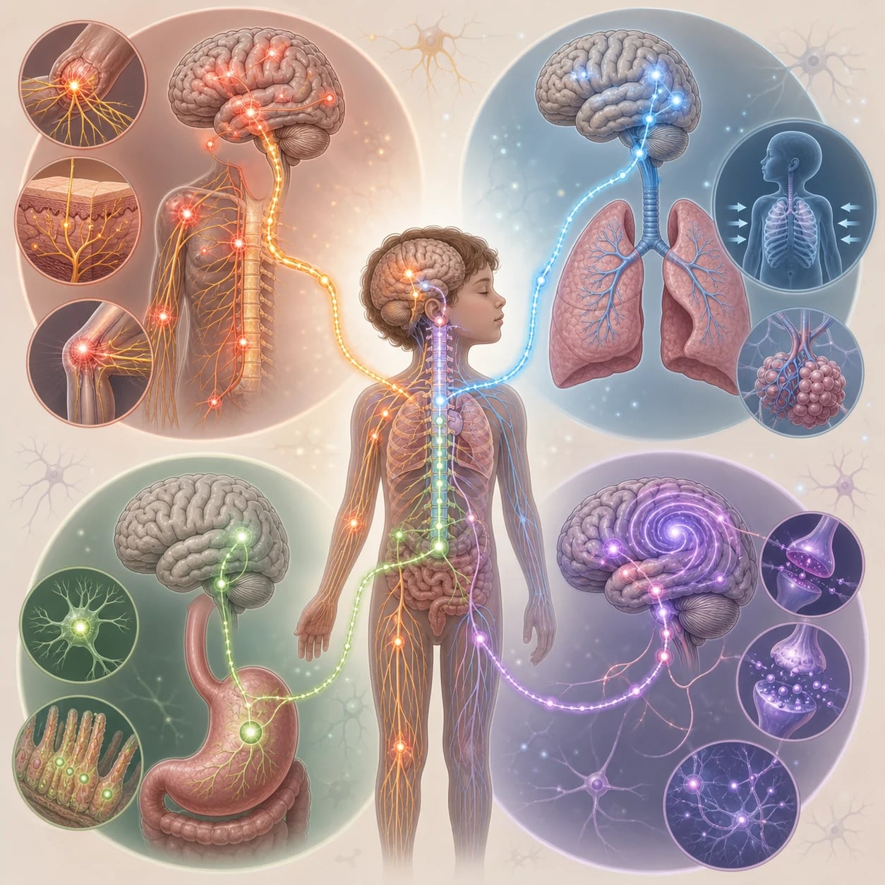 Schematic of the distinct neurophysiological pathways of the four symptoms — nociceptive signalling for pain, air-hunger and lung afferents for breathlessness, the chemoreceptor trigger zone and vagal gut input for nausea, and the central neurotransmitter disturbance of agitation