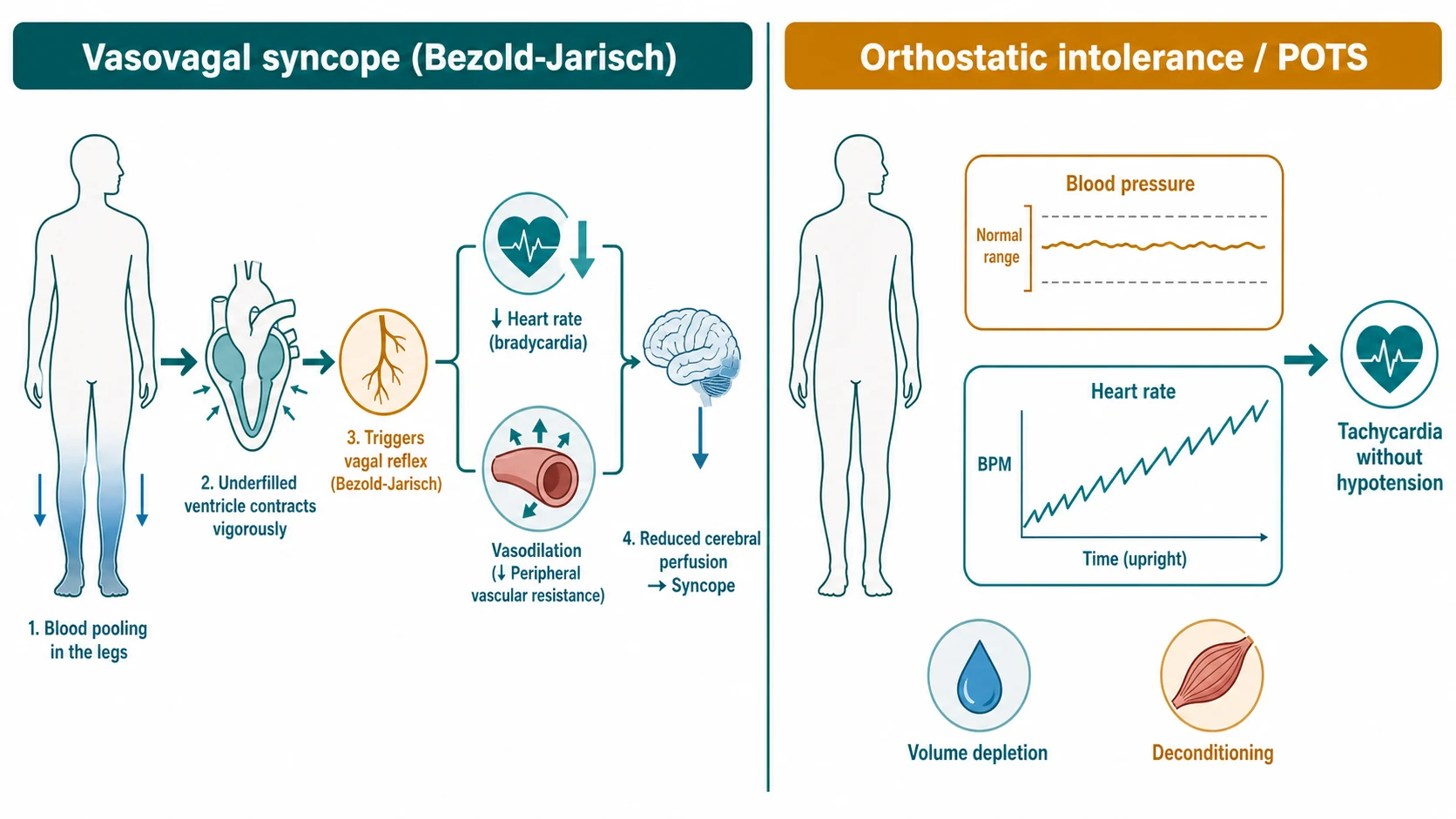 Pathophysiology of vasovagal syncope contrasted with POTS. Left panel, vasovagal (Bezold-Jarisch): standing causes blood to pool in the legs (blue-shaded calves), venous return and ventricular filling fall, the vigorously contracting underfilled ventricle fires stretch mechanoreceptors that trigger a vagal reflex, so heart rate falls and blood vessels dilate together, arterial pressure collapses and cerebral perfusion fails. Right panel, POTS: on standing the blood pressure trace stays flat but the heart-rate trace climbs steeply; a volume-depletion droplet and a deconditioning muscle icon explain the excessive tachycardia without hypotension.