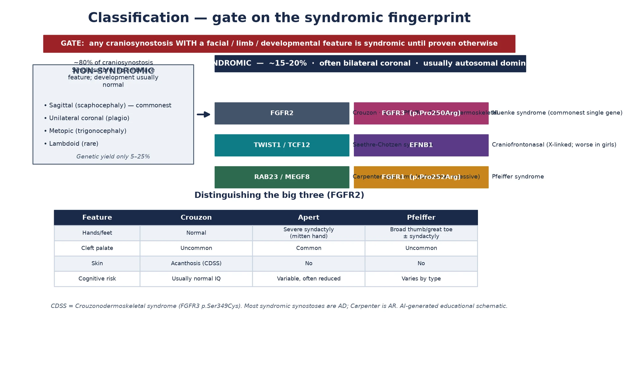 A threat-gate banner at the top stating any craniosynostosis with a facial, limb or developmental feature is syndromic; a nonsyndromic column listing single-suture forms on the left; a syndromic column listing the big six by gene on the right; and a comparison table distinguishing Crouzon, Apert and Pfeiffer on hands and feet, cleft palate, skin and cognitive risk