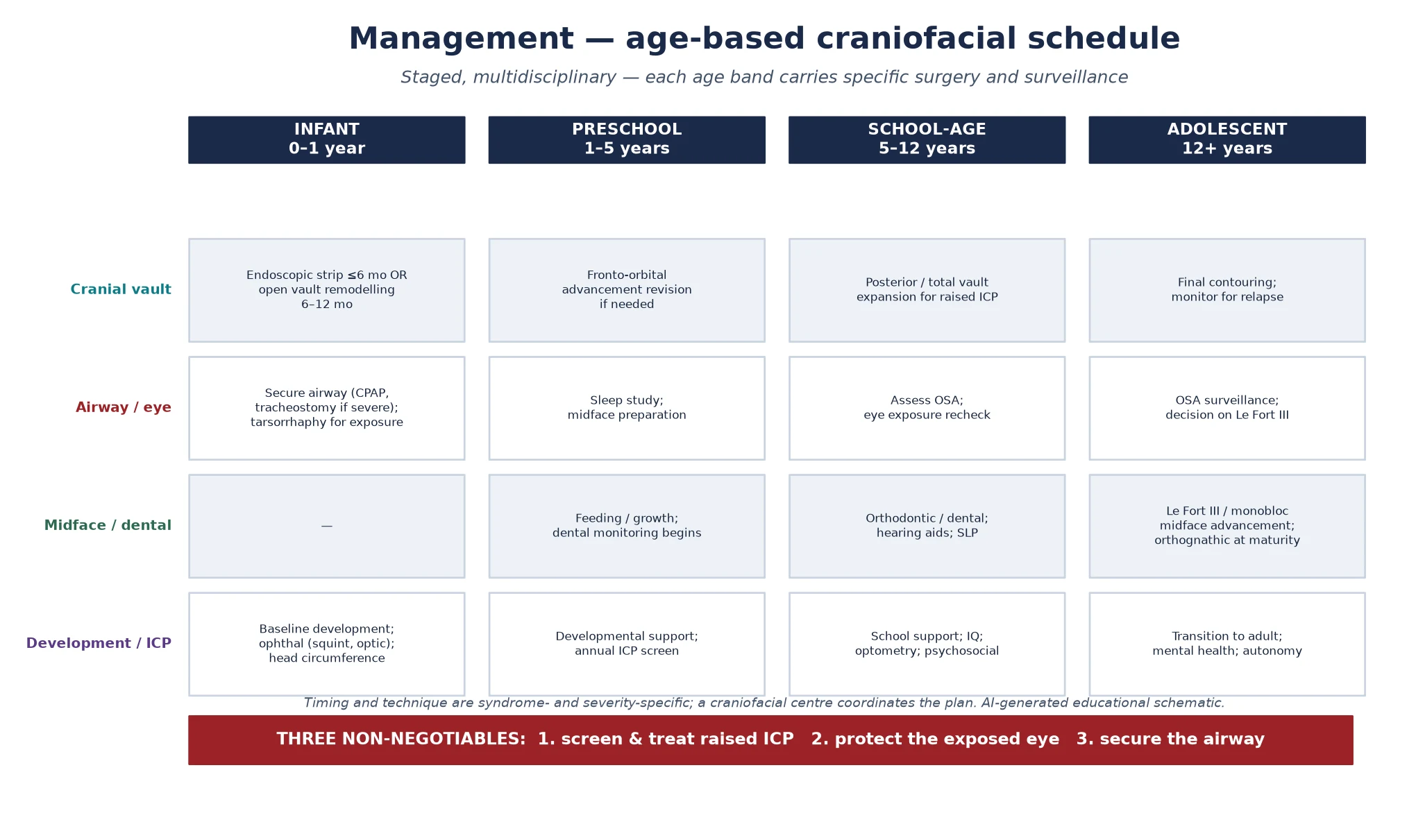 Four age-band columns — infant, preschool, school-age and adolescent — with rows for cranial vault surgery, airway and eye care, midface and dental management, and development and intracranial-pressure surveillance, and a footer naming the three non-negotiable rules