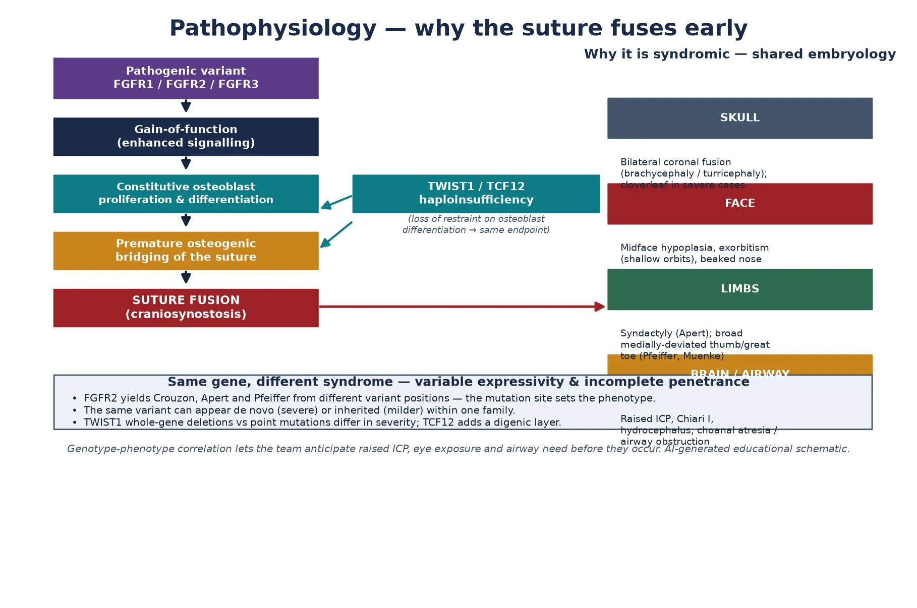 A vertical cascade from a pathogenic FGFR variant through gain-of-function signalling, constitutive osteoblast proliferation, premature osteogenic bridging and suture fusion, with an alternate TWIST1 or TCF12 haploinsufficiency branch; four organ-outcome panels showing skull, face, limbs and brain or airway; and a footer on variable expressivity