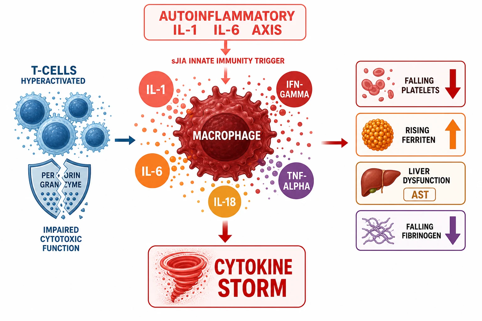 A clean medical schematic on a white background showing the pathophysiology of macrophage activation syndrome, with a central macrophage in deep red releasing interleukin-one, interleukin-six, interleukin-eighteen, interferon-gamma and tumour necrosis factor-alpha cytokine bubbles in a storm pattern, hyperactivated T-cells on the left with an impaired perforin-granzyme cytotoxic shield, and four effect tiles on the right showing the falling platelets, the rising ferritin, the liver dysfunction with the AST, and the falling fibrinogen