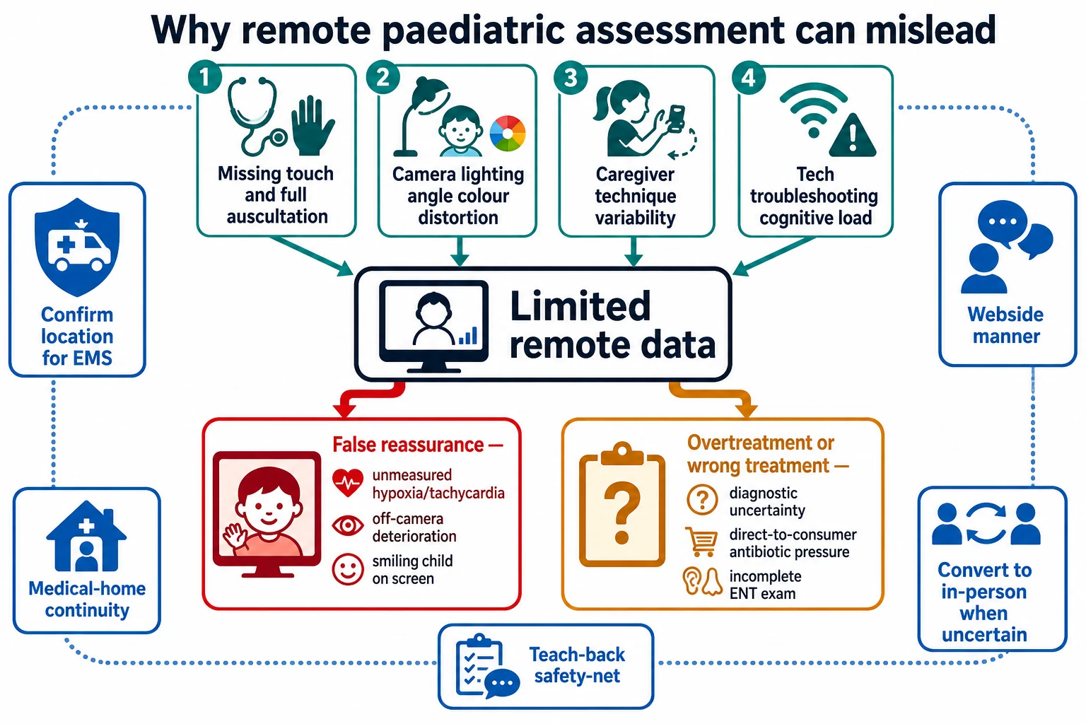 Mechanism map showing limited remote paediatric data from missing touch, camera distortion, caregiver technique and cognitive load leading to false reassurance or overtreatment, with protective factors