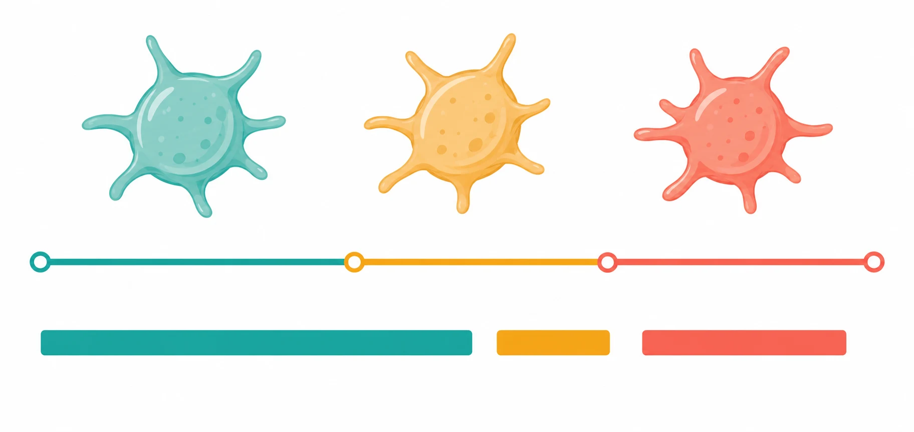 A clean medical-education classification schematic on a white background. A horizontal timeline running left to right with three colour-coded segments. The teal segment on the left is labelled newly diagnosed and spans from day zero to three months. The amber segment in the middle is labelled persistent and spans from three months to twelve months. The coral segment on the right is labelled chronic and begins at twelve months. Above the timeline a row of three large platelet icons. Below each segment a short horizontal bar showing the proportion of children in each phase, with the teal bar longest at about seventy percent, the amber bar shorter at about ten percent, and the coral bar at about twenty percent.