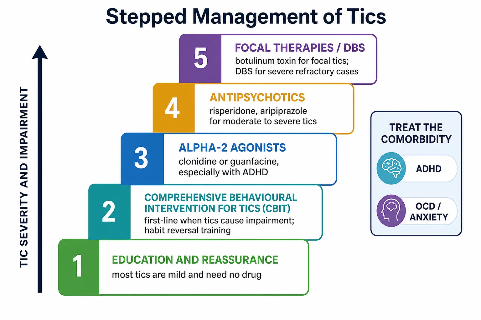 Educational infographic of the stepped management of tics showing five ascending steps from education and reassurance, to Comprehensive Behavioural Intervention for Tics, to alpha-2 agonists, to antipsychotics, to focal botulinum toxin or deep brain stimulation, with a panel to treat comorbid attention-deficit or hyperactivity disorder and obsessive-compulsive disorder or anxiety