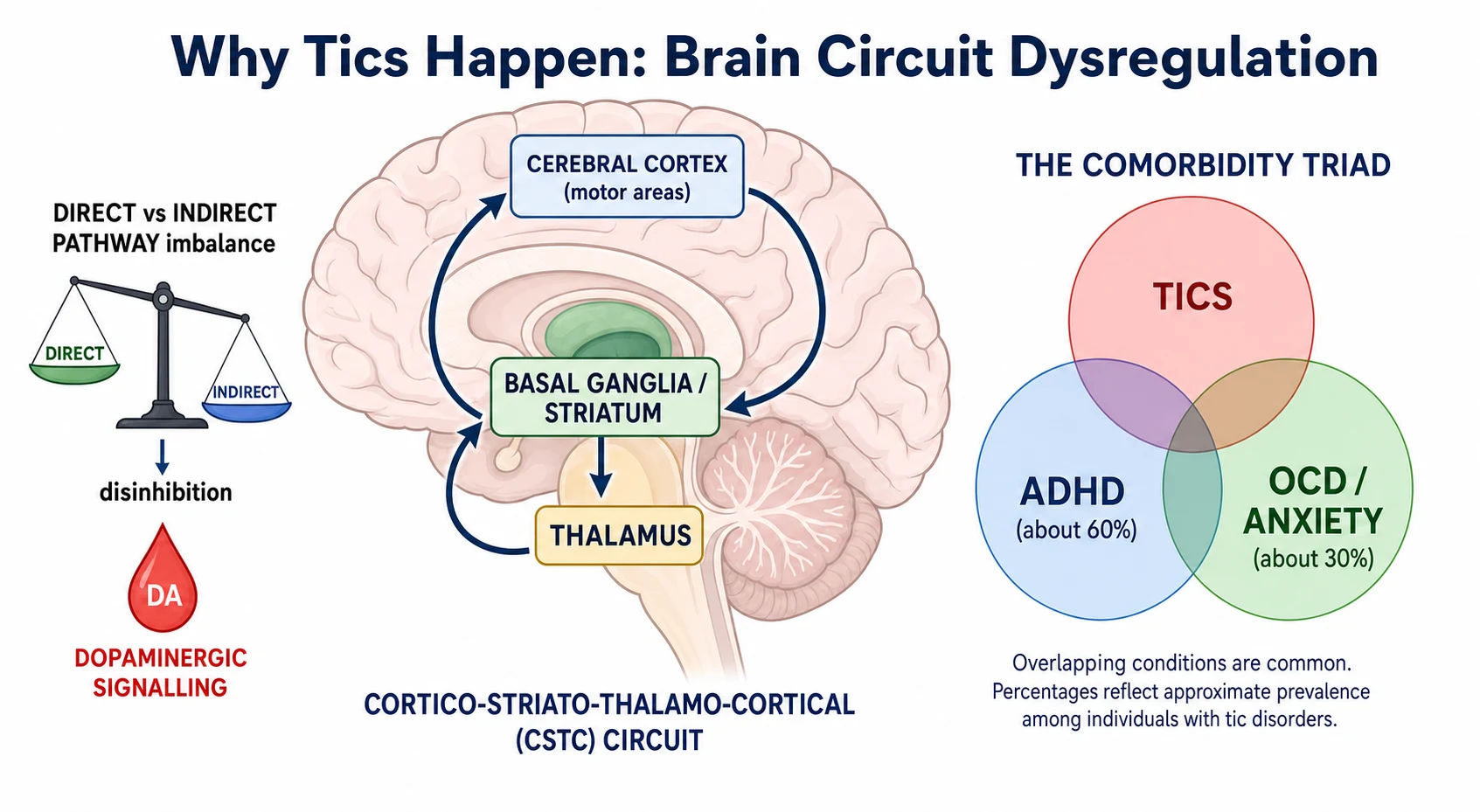 Educational schematic of the cortico-striato-thalamo-cortical circuit showing cerebral cortex motor areas, basal ganglia or striatum, and thalamus connected in a loop, with direct versus indirect pathway imbalance causing disinhibition, dopaminergic signalling, and a comorbidity triad of tics, attention-deficit or hyperactivity disorder, and obsessive-compulsive disorder or anxiety