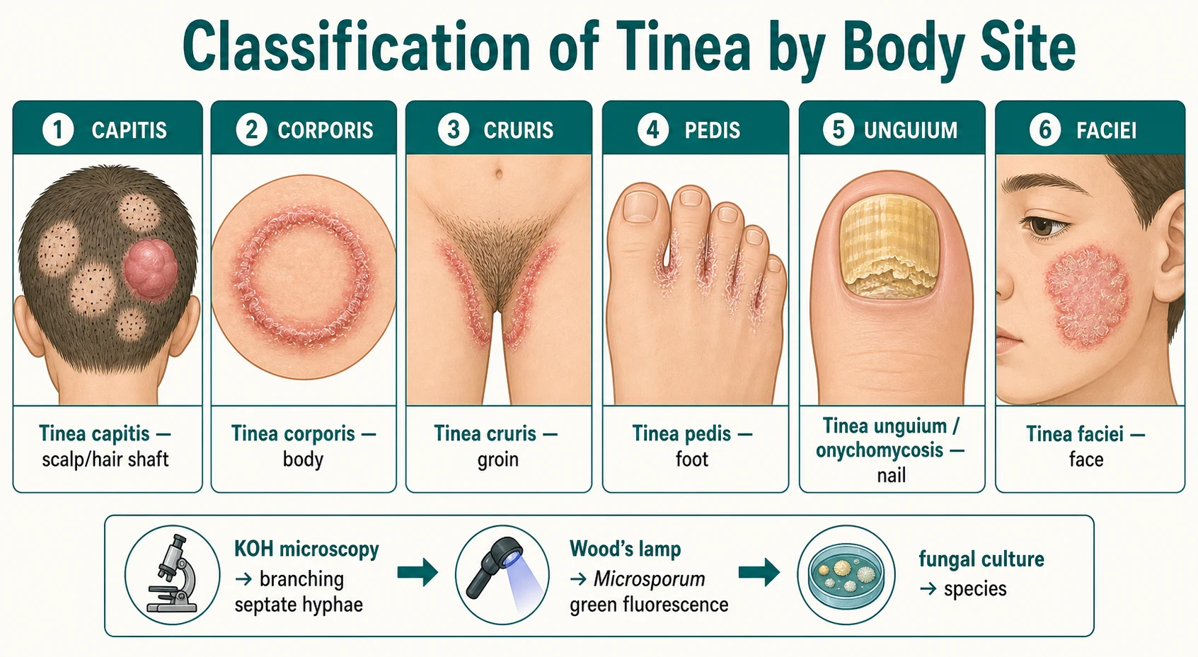 Educational schematic classifying tinea by body site into six panels: capitis on the scalp with patchy hair loss and a boggy kerion, corporis on the body with an annular ringworm plaque, cruris in the groin, pedis between the toes, unguium or onychomycosis of a thickened nail, and faciei on the face, with a diagnostic pathway box of potassium hydroxide microscopy, Wood's lamp and fungal culture