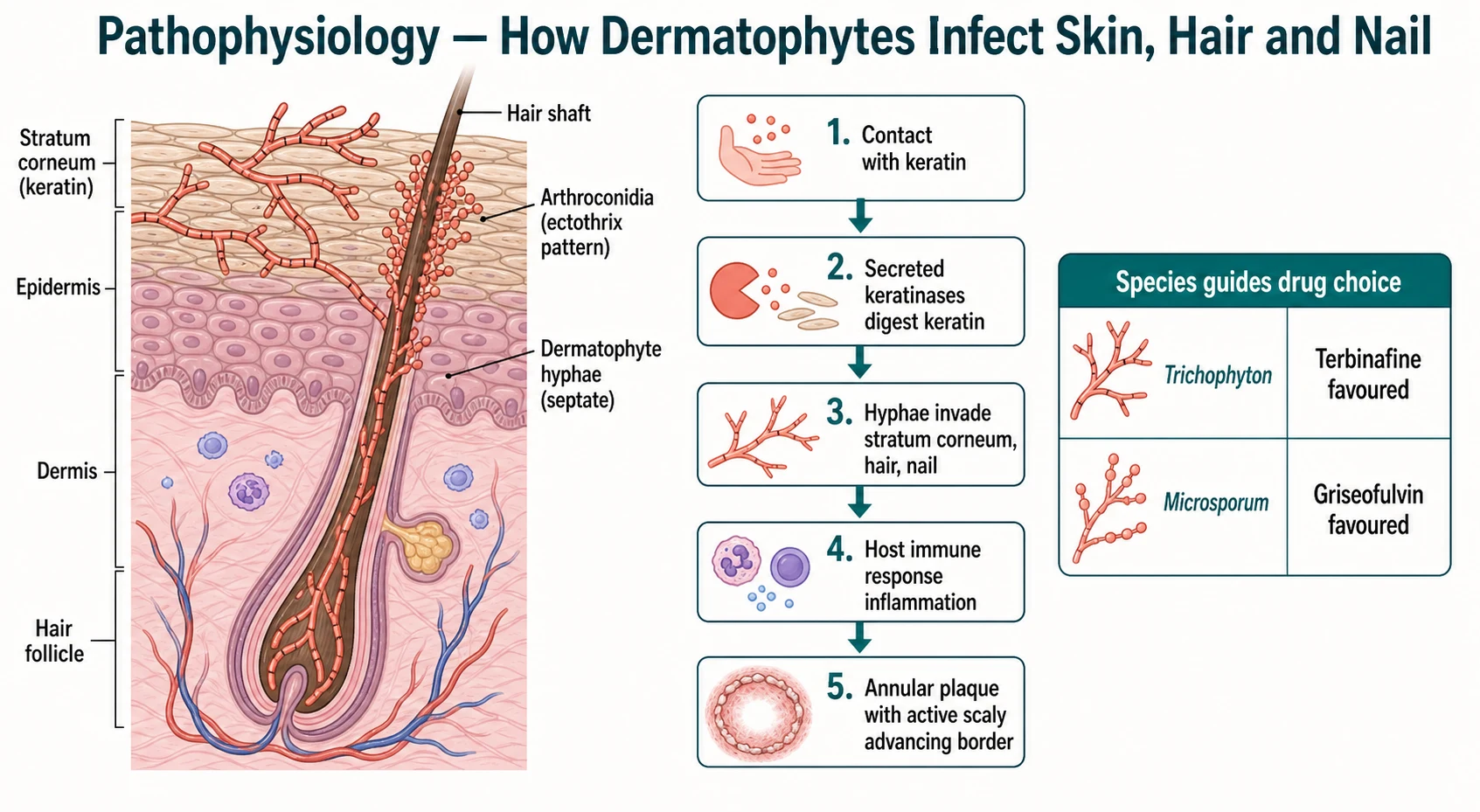 Educational schematic of the pathophysiology of tinea showing a skin cross-section with stratum corneum, epidermis, dermis and hair shaft, branching septate dermatophyte hyphae and arthroconidia invading keratin and hair in an ectothrix pattern, a five-step cascade from keratin contact through keratinase digestion, hyphal invasion and inflammation to the annular plaque, and a comparison of Trichophyton favouring terbinafine and Microsporum favouring griseofulvin