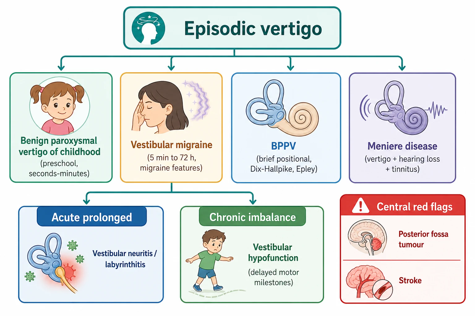 Educational schematic classifying dizziness and vertigo in children into episodic causes comprising benign paroxysmal vertigo of childhood, vestibular migraine, benign paroxysmal positional vertigo, and Meniere disease, an acute prolonged group comprising vestibular neuritis and labyrinthitis, a chronic imbalance group comprising vestibular hypofunction and delayed motor milestones, and a red-flag central group comprising posterior fossa tumour and stroke