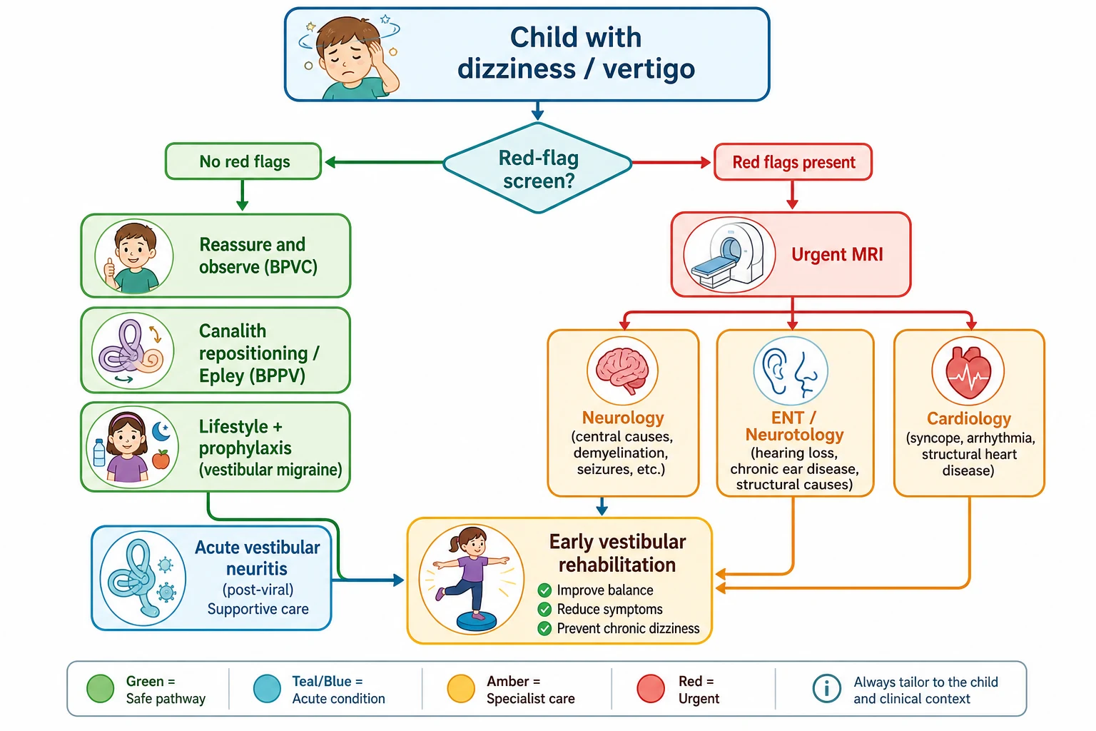 Educational management flowchart for a child with dizziness or vertigo, showing the red-flag screen branching into a no-red-flag path with reassure for BPVC, Epley for BPPV, and lifestyle with prophylaxis for vestibular migraine, and a red-flag path leading to urgent magnetic resonance imaging, with early vestibular rehabilitation as the cornerstone of the peripheral cause
