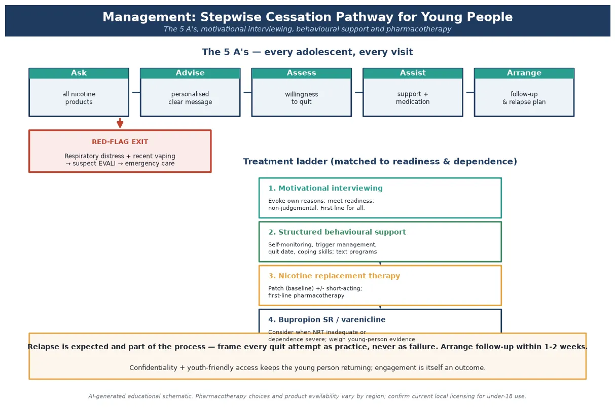 Educational stepwise cessation algorithm showing the 5 A's row, a four-step treatment ladder from motivational interviewing through behavioural support and nicotine replacement therapy to bupropion or varenicline, with a red-flag EVALI exit