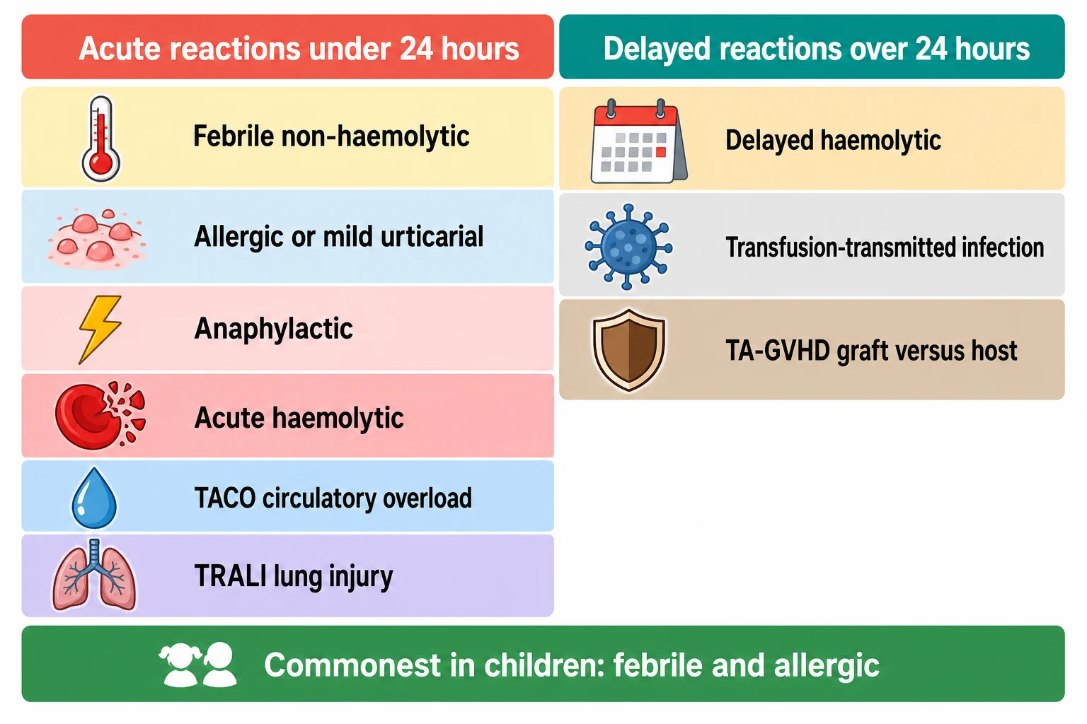 A clean medical-education classification schematic on a white background in landscape orientation. A two-column table with rounded headers. The left column header is a coral box reading Acute reactions under 24 hours. The right column header is a teal box reading Delayed reactions over 24 hours. Under the left column six colour-coded rows each with a small icon and a one-line label: a yellow row Febrile non-haemolytic with a thermometer icon, a light-blue row Allergic or mild urticarial with a hive icon, a red row Anaphylactic with a lightning icon, a dark-red row Acute haemolytic with a shattered red cell icon, a blue row TACO circulatory overload with a water-drop icon, a purple row TRALI lung injury with a lung icon. Under the right column three rows: an amber row Delayed haemolytic with a calendar icon, a grey row Transfusion-transmitted infection with a virus icon, a brown row TA-GVHD graft versus host with a shield icon. At the bottom a slim green banner reads Commonest in children: febrile and allergic.