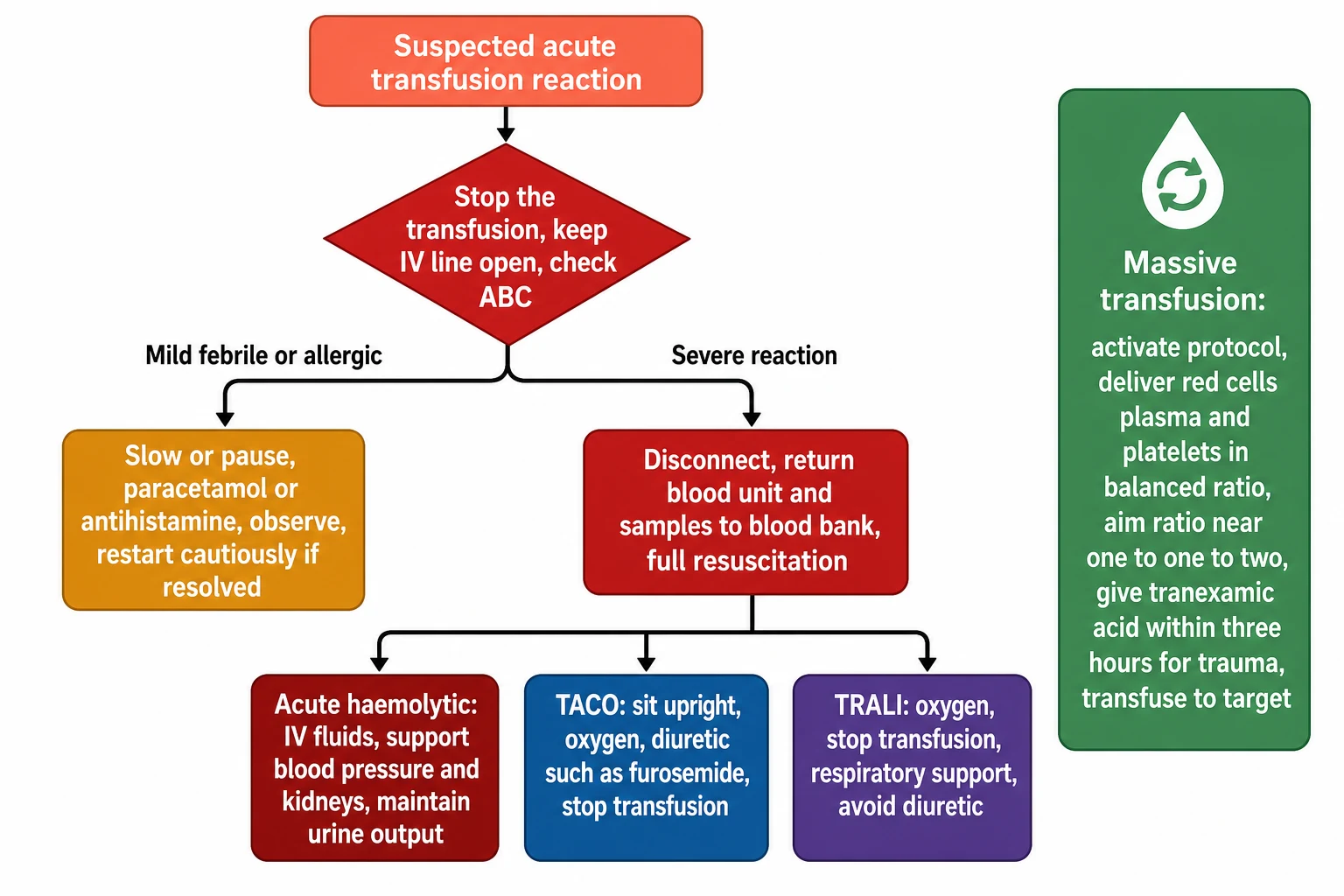 A clean medical-education algorithm on a white background in landscape orientation. A top rounded coral box reads Suspected acute transfusion reaction. A downward arrow leads to a red diamond decision box reading Stop the transfusion, keep IV line open, check ABC. Two arrows split downward. The left arrow labelled Mild febrile or allergic leads to an amber box Slow or pause, paracetamol or antihistamine, observe, restart cautiously if resolved. The right arrow labelled Severe reaction leads to a red box Disconnect, return blood unit and samples to blood bank, full resuscitation. From the severe box three colour-coded branches fan out at the bottom: a dark-red box Acute haemolytic: IV fluids, support blood pressure and kidneys, maintain urine output, a blue box TACO: sit upright, oxygen, diuretic such as furosemide, stop transfusion, a purple box TRALI: oxygen, stop transfusion, respiratory support, avoid diuretic. On the far right a separate tall green panel reads Massive transfusion: activate protocol, deliver red cells plasma and platelets in balanced ratio, aim ratio near one to one to two, give tranexamic acid within three hours for trauma, transfuse to target.
