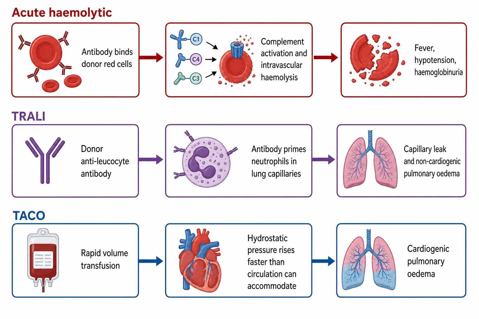 A clean scientific causal schematic on a white background in landscape orientation. Three parallel horizontal mechanism chains flow left to right each joined by arrows and colour-coded. Top chain in dark red labelled Acute haemolytic: box one shows ABO mismatch donor red cells with the text Antibody binds donor red cells, arrow to box two Complement activation and intravascular haemolysis, arrow to box three a shattered red cell Fever hypotension haemoglobinuria. Middle chain in purple labelled TRALI: box one shows a donor antibody icon Donor anti-leucocyte antibody, arrow to box two a neutrophil cell Antibody primes neutrophils in lung capillaries, arrow to box three a lung icon Capillary leak and non-cardiogenic pulmonary oedema. Bottom chain in blue labelled TACO: box one shows a blood bag Rapid volume transfusion, arrow to box two a heart icon Hydrostatic pressure rises faster than circulation can accommodate, arrow to box three a lung icon Cardiogenic pulmonary oedema. Each chain has a distinct colour border.
