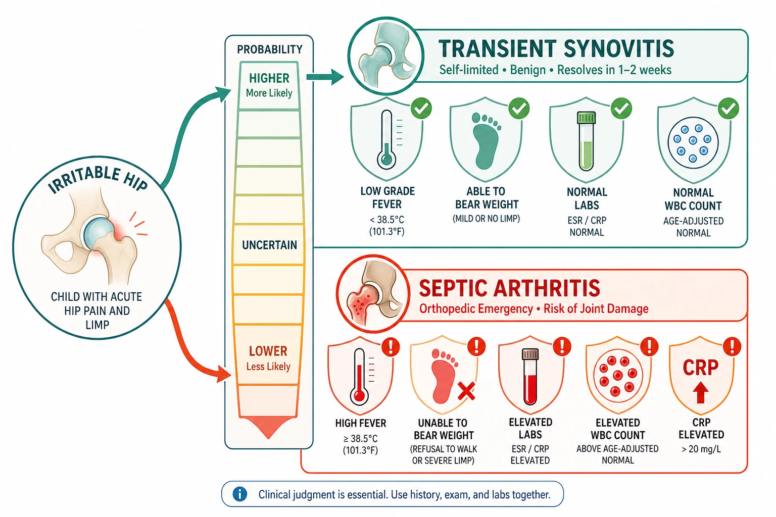 Diagnostic map with an irritable hip icon in the centre branching into two pathways — an upper calm teal pathway for transient synovitis showing four mild or crossed-out predictor shields with a low fever thermometer, a weight-bearing footprint, a normal laboratory tube, and a normal blood cell count, and a lower amber-to-red warning pathway for septic arthritis showing four active highlighted predictor shields with a high fever thermometer, a non-weight-bearing footprint with a red cross, an elevated laboratory tube, and a raised blood cell count plus an extra CRP badge, with a rising probability ladder running between them
