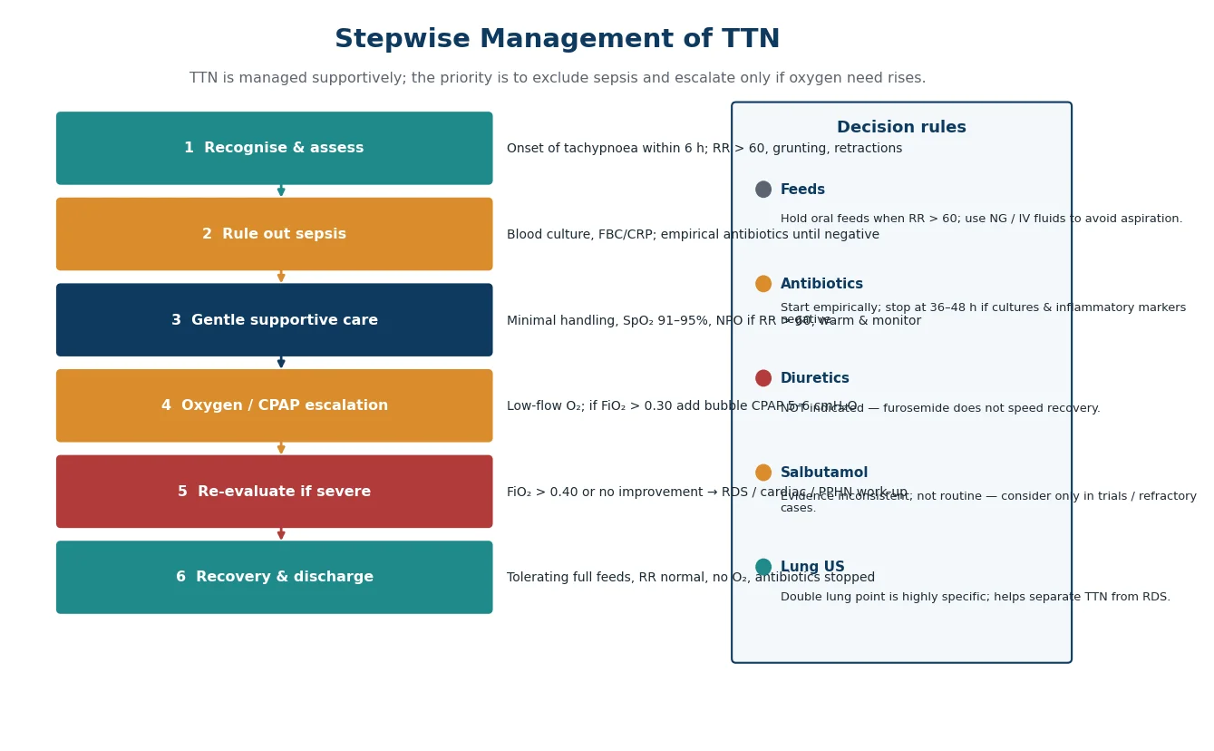 Stepwise management flowchart for TTN from recognition through recovery