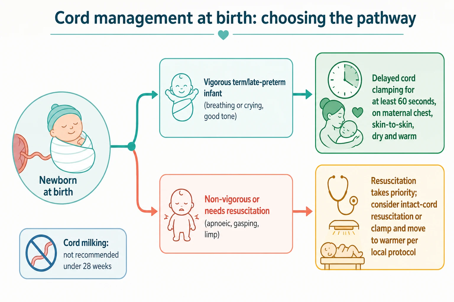 Educational decision-flow diagram splitting the newborn at birth into a vigorous pathway that leads to delayed cord clamping on the maternal chest and a non-vigorous pathway that leads to resuscitation taking priority, with a note that cord milking is not recommended under 28 weeks