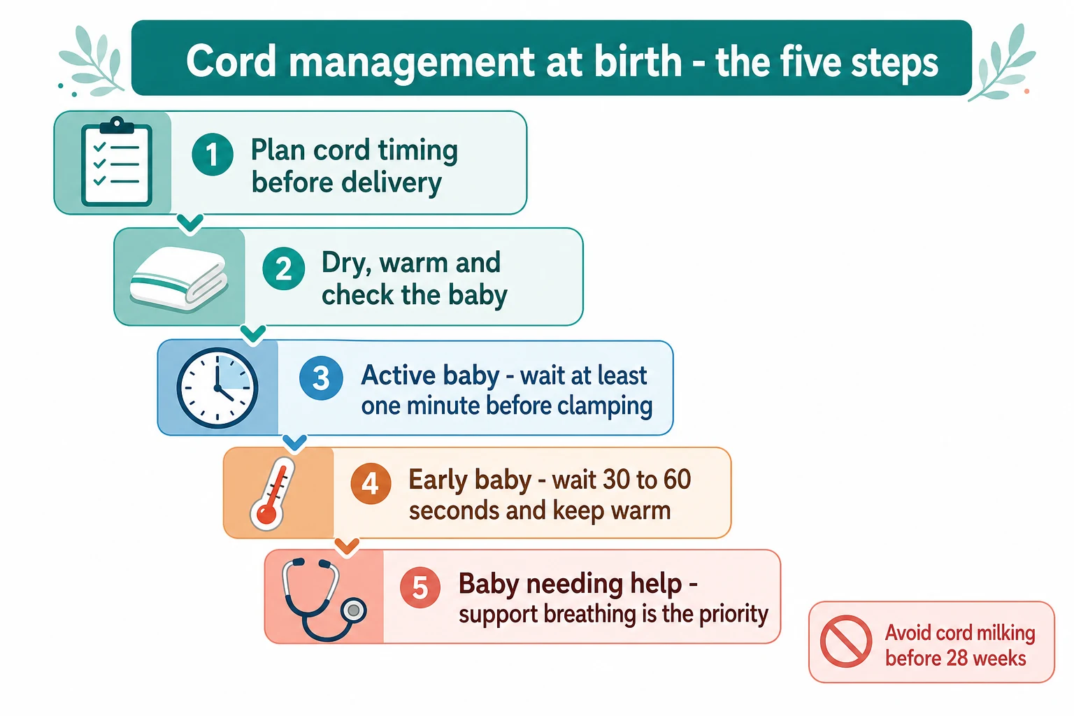 Educational five-step staircase flowchart of cord management from planning before delivery through the vigorous and preterm deferral to the infant needing resuscitation, with a flag that cord milking is avoided under 28 weeks