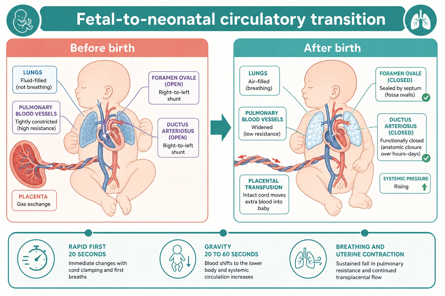 Educational before-and-after circulatory schematic showing fetal lungs fluid-filled with open foramen ovale and ductus arteriosus and right-to-left shunts, contrasting with aerated low-resistance lungs, closed shunts and a placental transfusion moving extra blood into the baby after birth