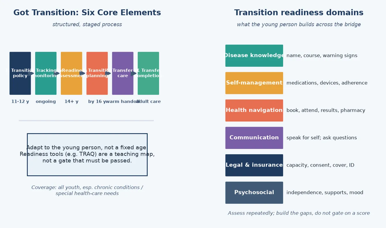 Educational two-panel figure: left panel shows the Got Transition Six Core Elements staged timeline from transition policy to transfer completion; right panel lists six transition readiness domains