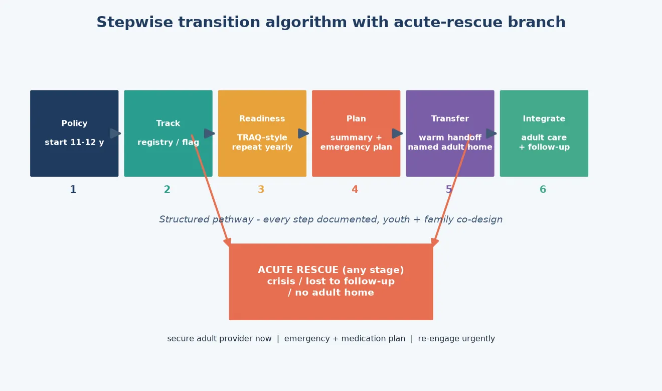 Educational stepwise algorithm showing the Six Core Elements pathway from policy to adult integration, with an acute-rescue branch for crisis or loss to follow-up at any stage