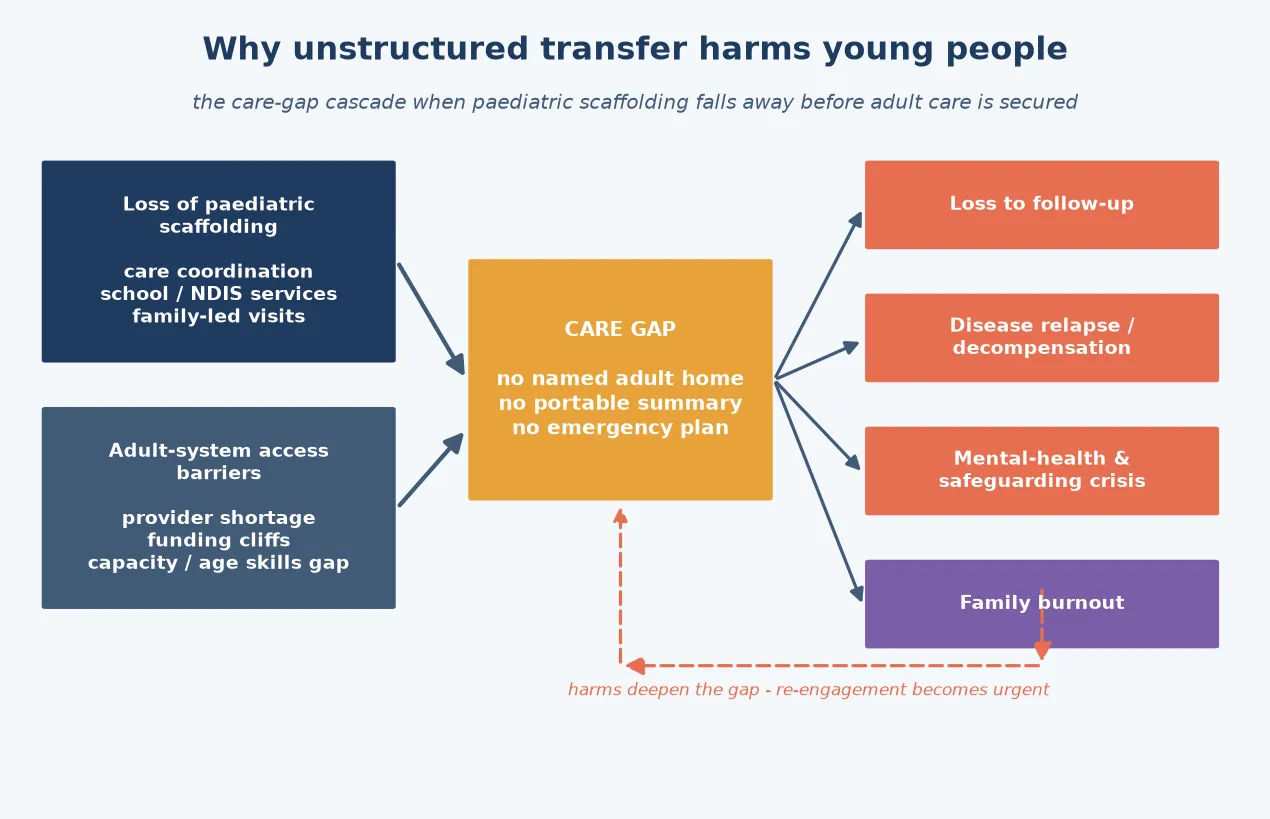 Educational cascade diagram showing loss of paediatric scaffolding and adult access barriers combining into a care gap that leads to loss to follow-up, disease decompensation, mental-health crisis and family burnout